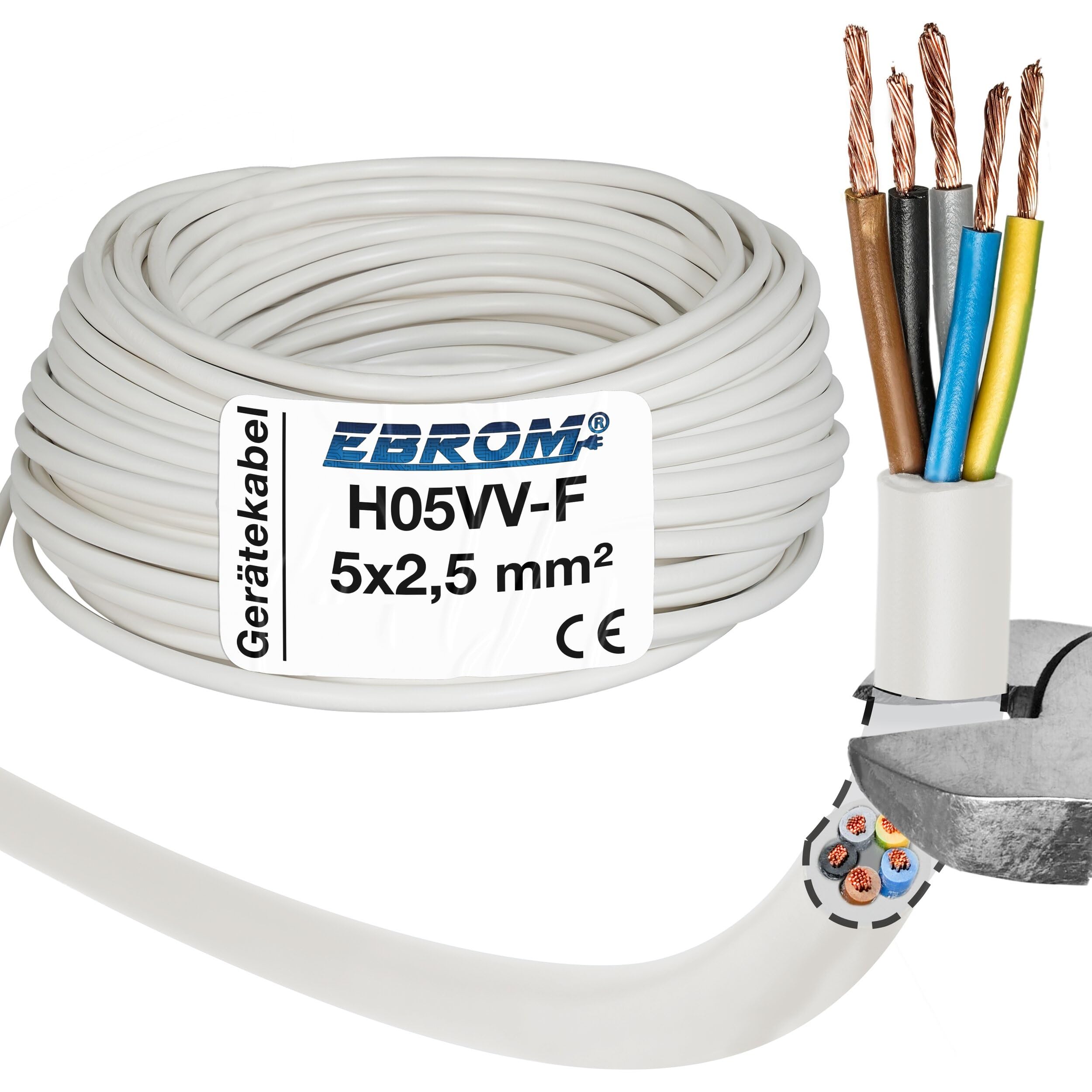 EBROM Herdanschlussleitung Herdkabel H05VV-F 5x2,5 mm² weiß, Länge: 25 m | von 5 m bis 50 Meter - Herdanschlusskabel flexibel RUND - 5x2,5 mm2 - z.B. für Herdanschluss, Drehstromgeräte oder Heizgeräte