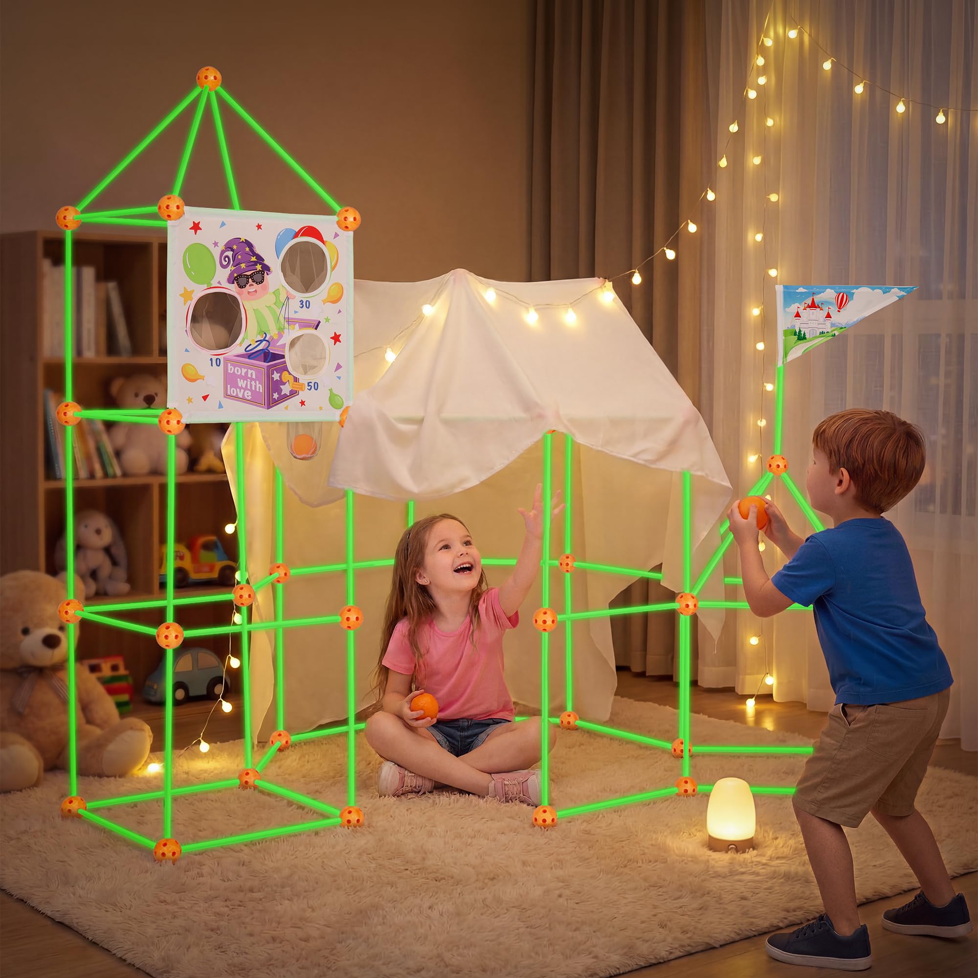 besrey 144 Pcs Kit de Construction de Cabane Enfant avec Jeu de Lancer, Brillent dans Le Noir-Jeux de Construction Interieur Extérieur, Châteaux, Tente Enfant, Tunnel de Jeu, Creative Fort