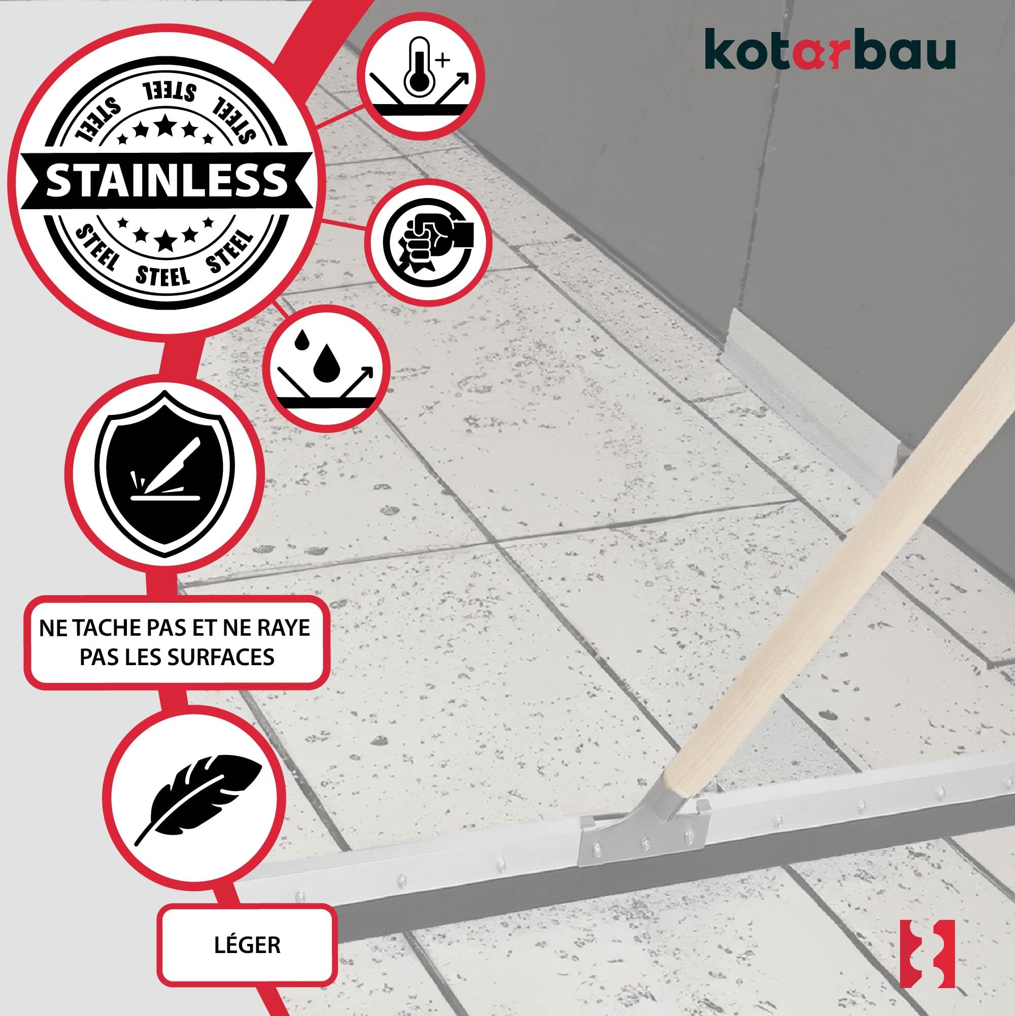 KOTARBAU® Raclette Sol - Acier - 75 cm - avec Manche en Bois 150 cm - Balai Raclette Sol Caoutchouc - Balai Mousse - Intérieur Extérieur -idéal pour Garage - Douche - Salle De Bain - Terrasse