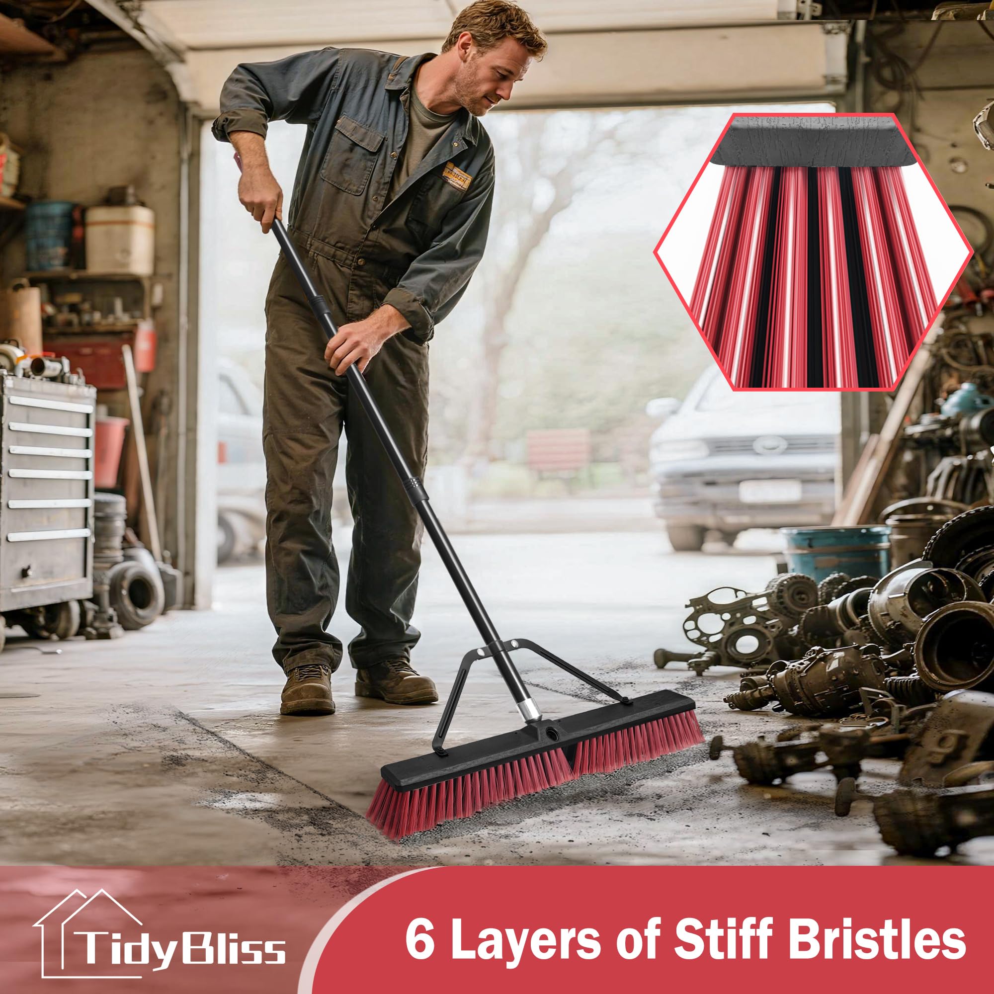 TidyBliss Scopa da Esterno Resistente da 60 cm, Spazzolone per Pavimenti Esterni con Setole Rigide e Manico Lungo 160 cm per Garage, Giardino, Cortile, Terrazza, Strada, Magazzino, Vialetto (Rosso)