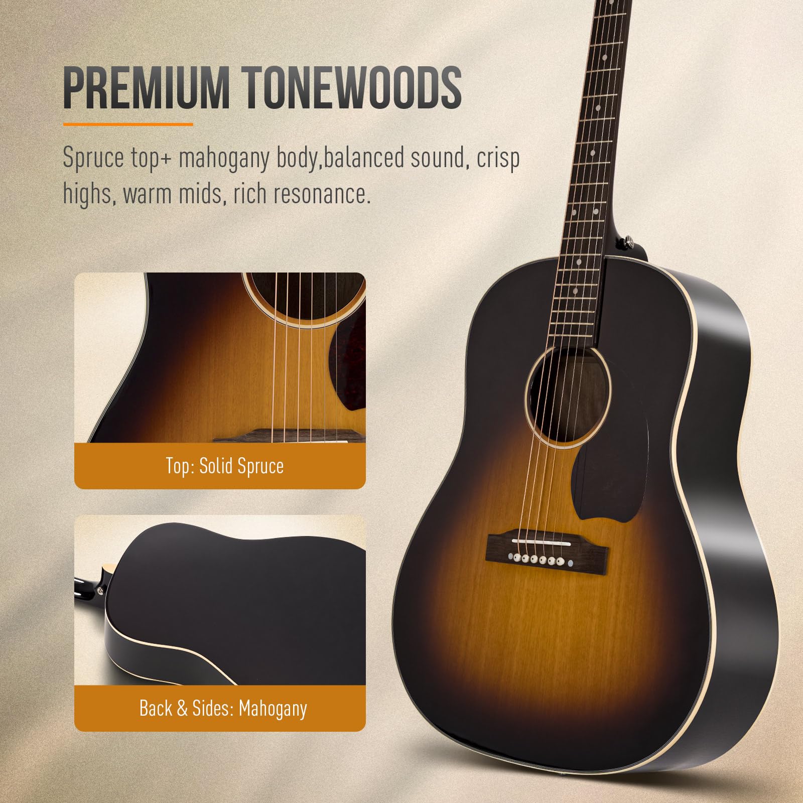 SONICAKE 41" Guitarra Acústica Tapa de Picea Maciza Caoba Acabado Sunburst | Tono Rico y Equilibrado con excelente Proyección Ideal para Principiantes, Directo y Práctica QGT-21
