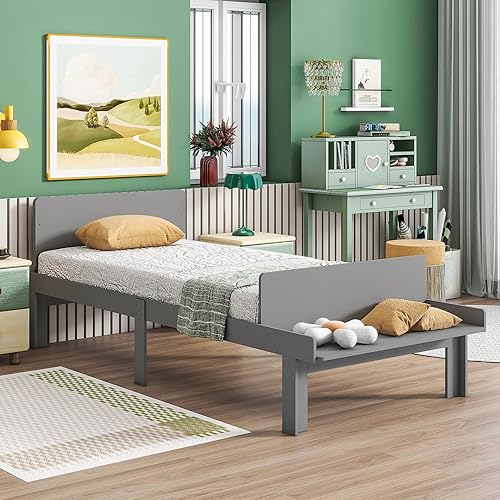Miniatura 7 de Dolonm Marco de cama individual para niños con banco de estribo, gris, madera de pino, estilo moderno, no necesita somier