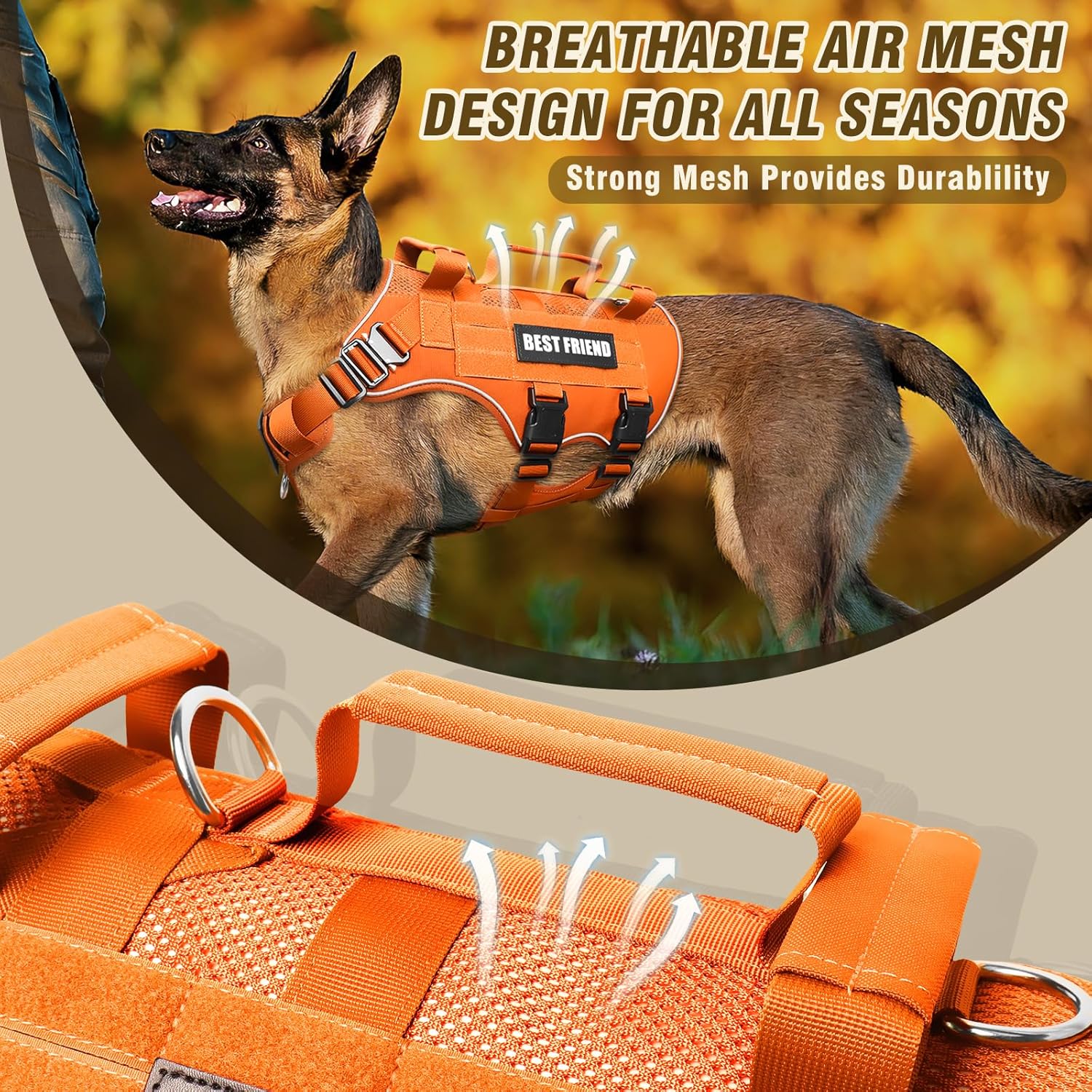 No Pull Tactical Dog Harness for Large Dogs with Metal Buckles,Breathable Air Mesh Service Dog Vest,Military Molle Harness with 3 Durable Handles for Training Hiking Hunting Working Orange L