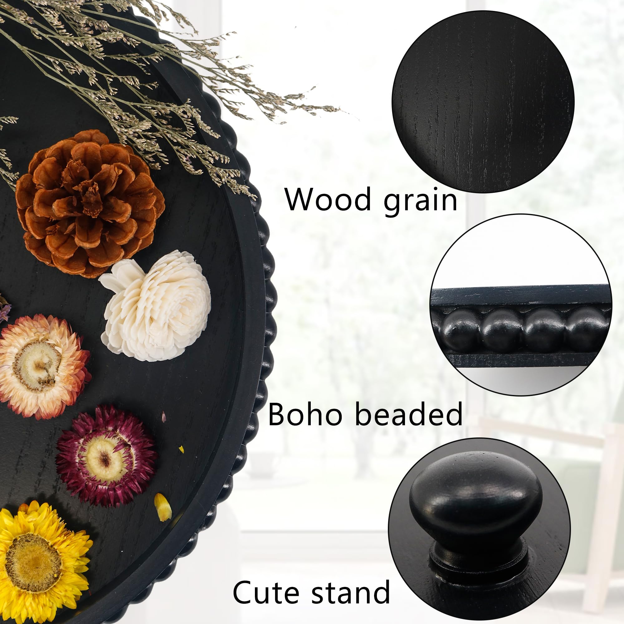GMFrames Round Decorative Tray Coffee Table Tray with Wood Beaded,Rustic Centerpiece Serving Tray for Farmhouse Kitchen Decor,Bathroom Organizer Black - Image 3