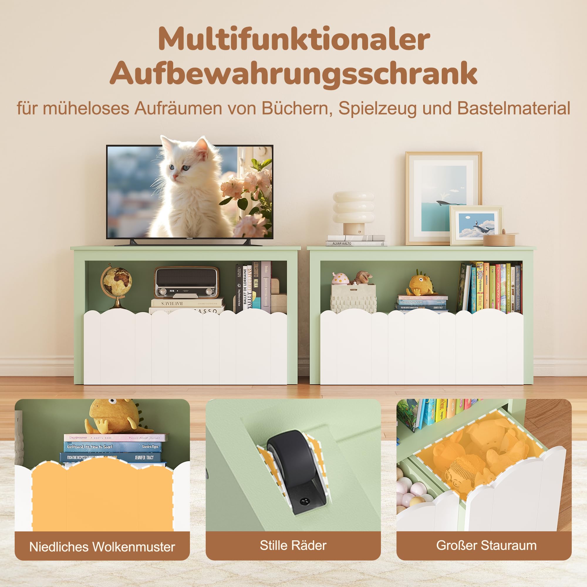 YOUDENOVA Estantería para niños, muebles para habitación infantil con 3 cajas, almacenamiento de juguetes con ruedas, 102,2 x 33 x 61,5 cm, almacenamiento para habitación infantil para libros de