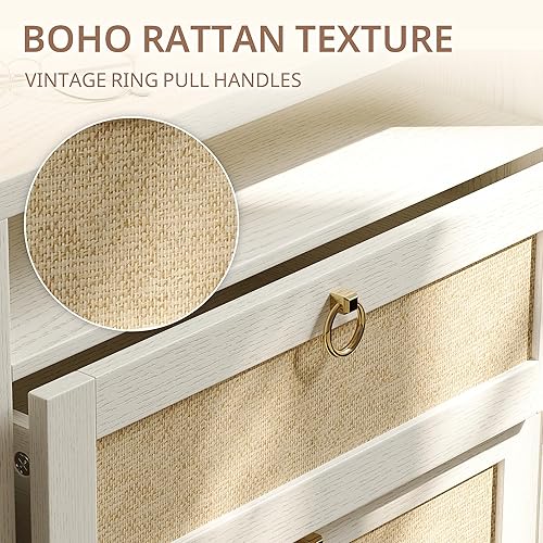 Miniatura 6 de Dowinx Juego de 2 mesitas de noche blancas de 23.6 pulgadas, mesitas de noche de ratán con estación de carga, 2 cajones y estante de tensión, juego