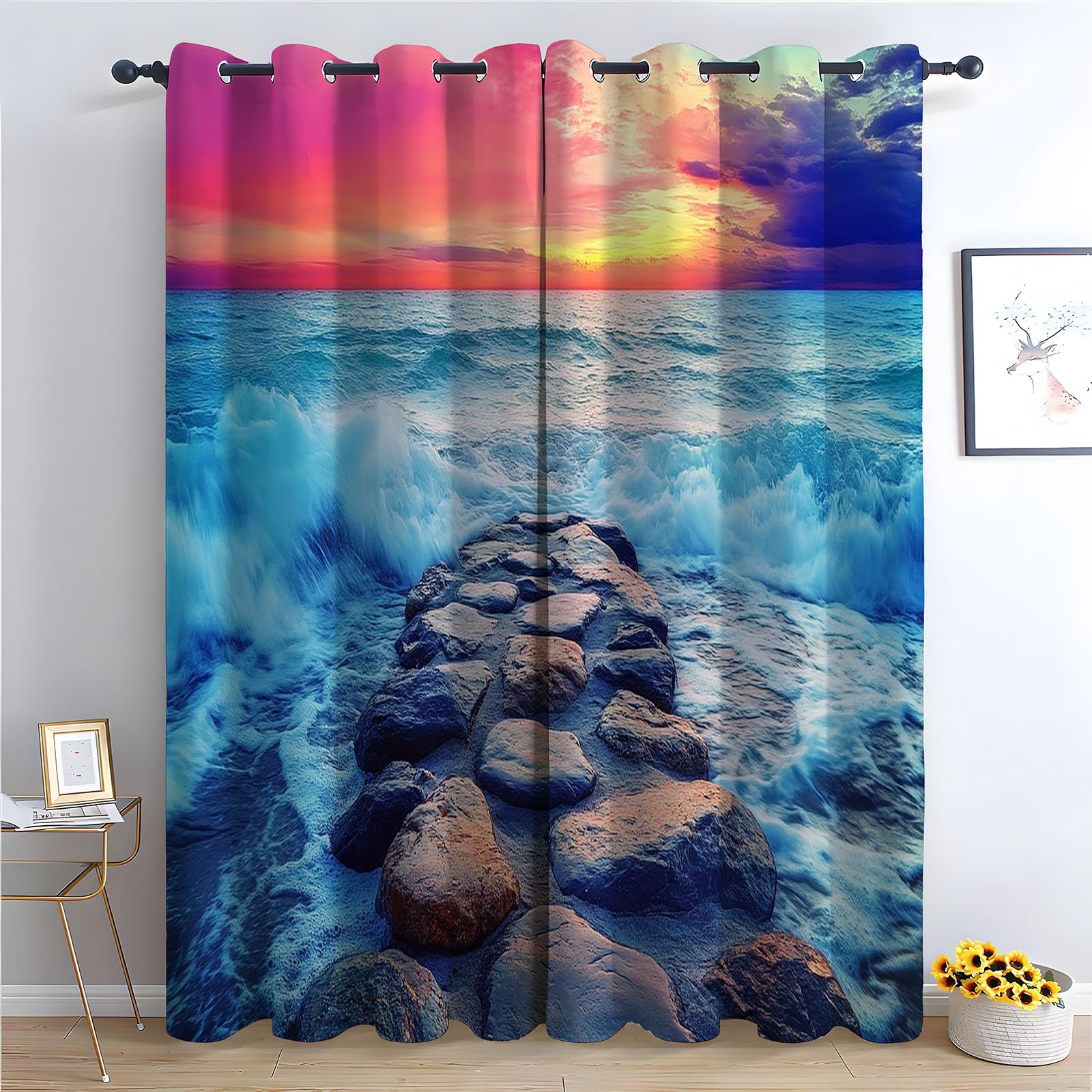 WIKEO Curtains for Living Room Beach And Stones pattern Blackout Grommet Drapes Printed Pattern Floral Window Curtain Panels for Bedroom Aesthetic, 2 Panels Set-52 W x 96" L (Pack of 2)