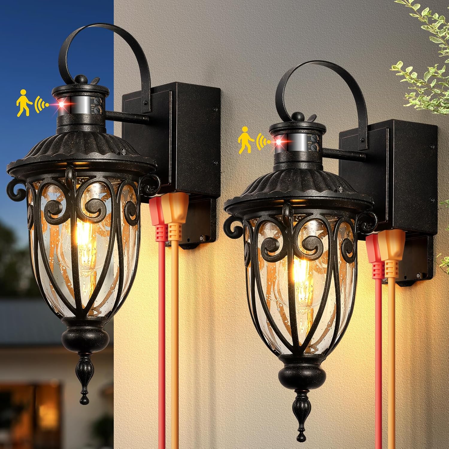 2 Pack Porch Light with GFCI Outlet Distance and Time Adjustable, Bronze Motion Sensor Outdoor Lights for House, Retro Waterproof Exterior Lighting Fixtures for Doorway, Garage, Garden