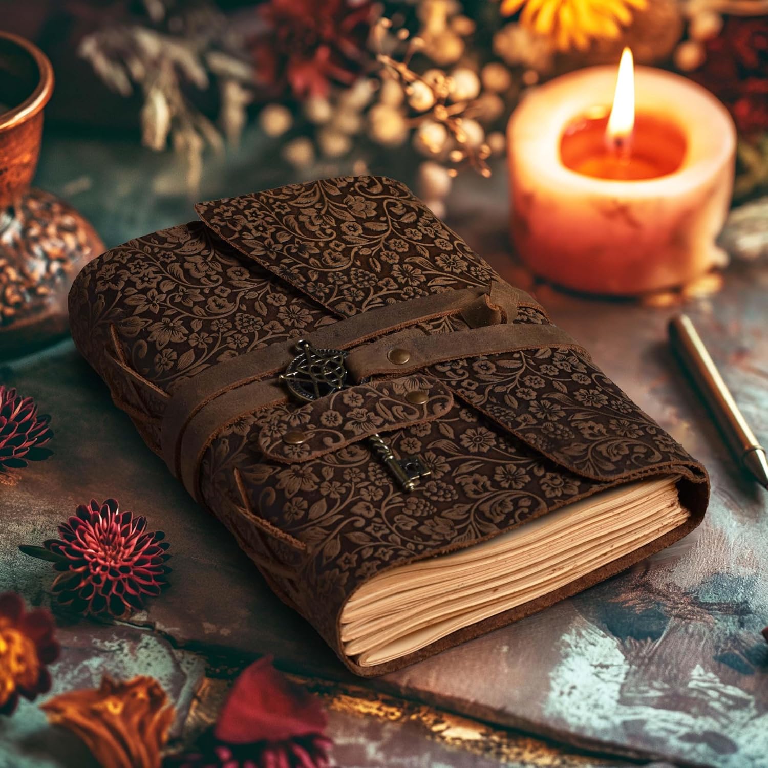 LEATHER VILLAGE Handmade Leather Bound Floral Embossed Journal for Women- Medium | 260 Pages Blank of Vintage Paper Writing, Sketchbook, Notebook - Brown - 7X5 Inches - Image 6
