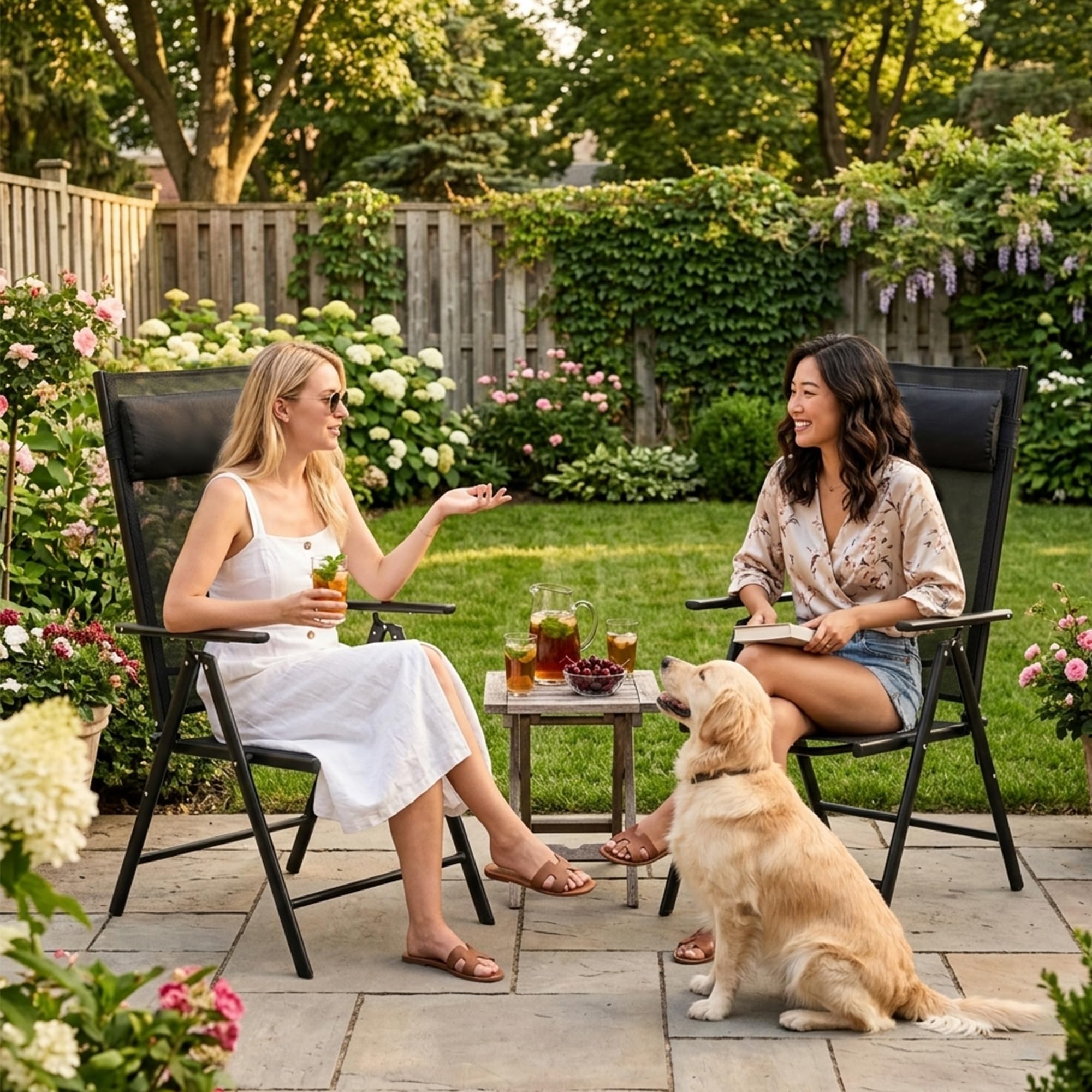 Thanaddo Gartenstuhl Hochlehner 2er Set Klappbar Gartenstühle mit Kopfkisssen, 130 KG Belastbar, Metall Campingstuhl Balkonstuhl Wetterfest für Garten, Terrasse, Balkon und Camping, Schwarz