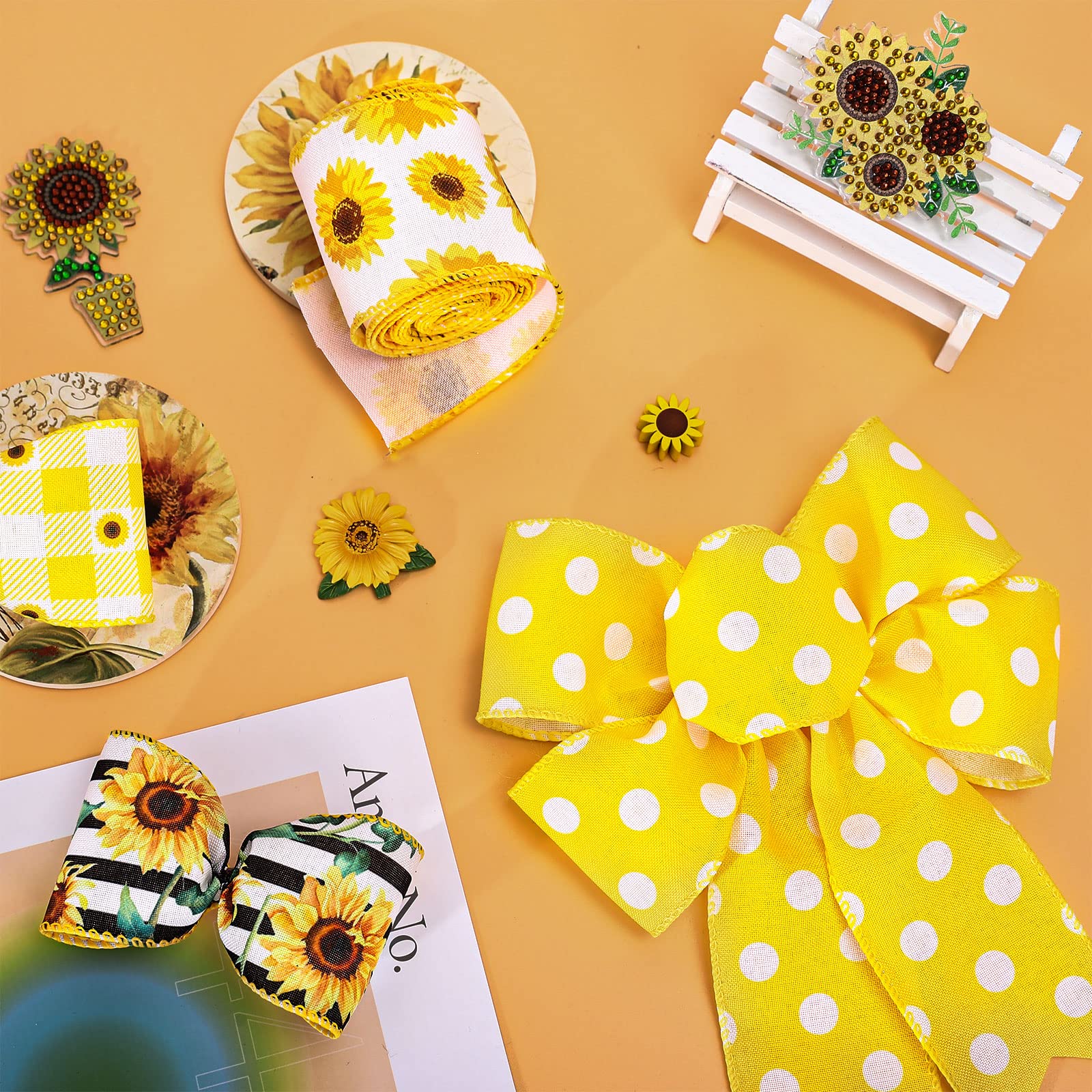 Whaline 6 Rollen Sonnenblume Drahtrand Band 30 Yards 6,3 cm Büffelkaroids Blumenwagen Stoffband Frühling Sommer Blumen Dekoratives Bastelband für Geschenkverpackung Haarschleife Nähen Kranz Handwerk