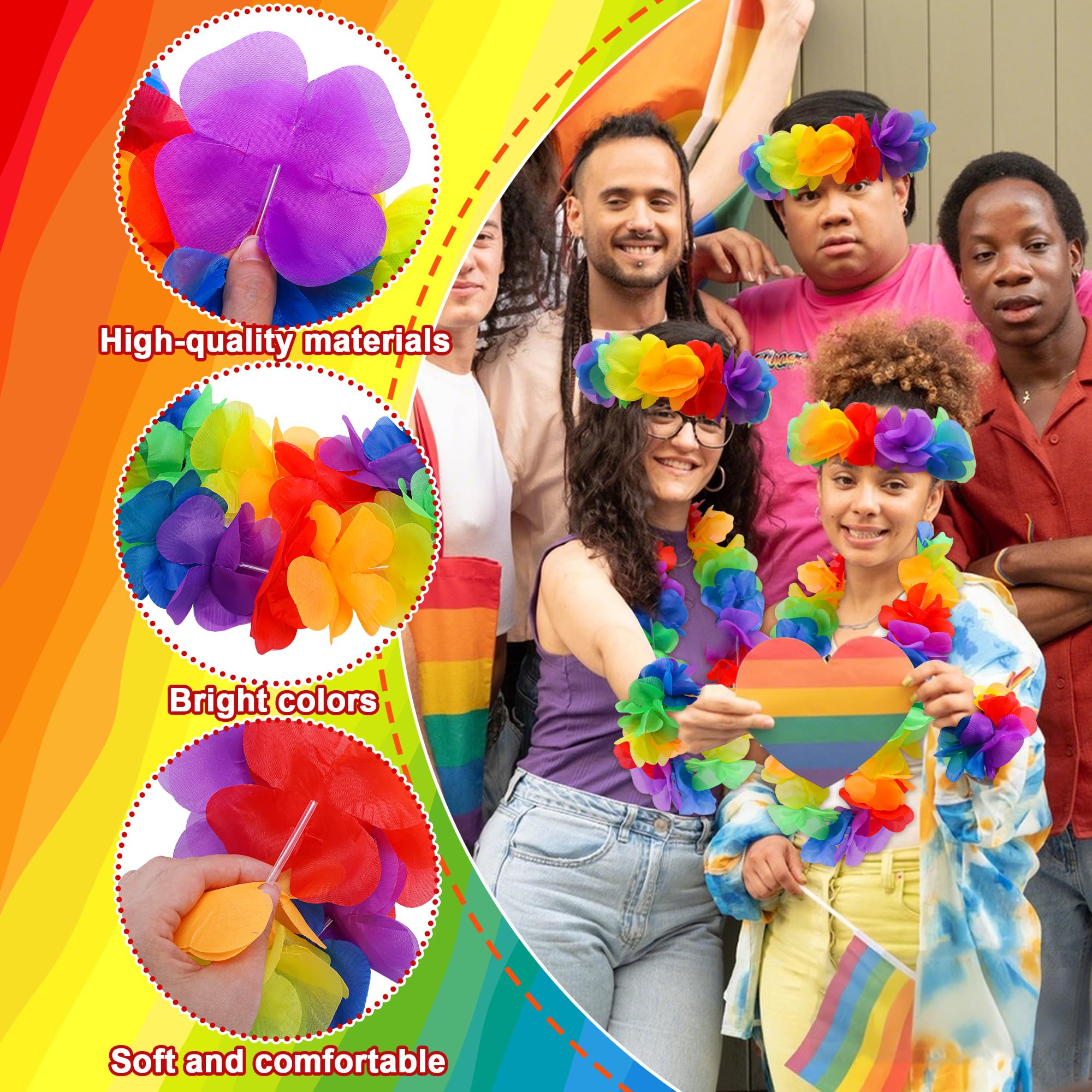 Tlswshsy 96-teiliges Regenbogen-hawaiianisches Leis-Set, Pride Month Hawaii-Blumen-Leis mit Stirnband und Armbändern, LGBT Luau Leis Halsketten für tropische Strand-Motto-Partys und Dekoration