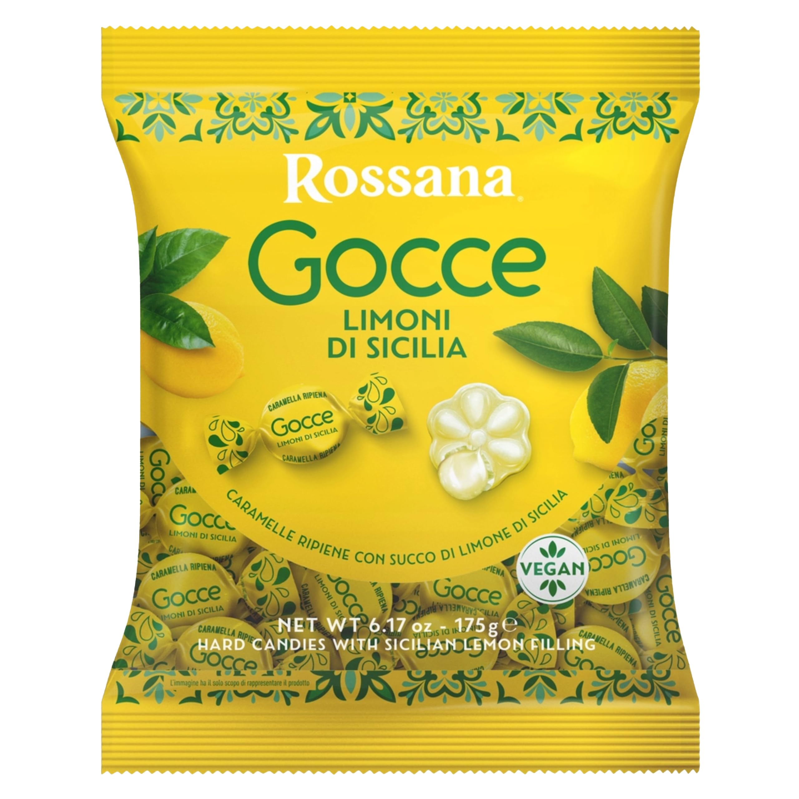 Rossana Gocce Limoni di Sicilia Caramelle Ripiene con Succo di Limone Senza Glutine (Gluten Free) Vegan 175g [BOX da 10 Confezioni]