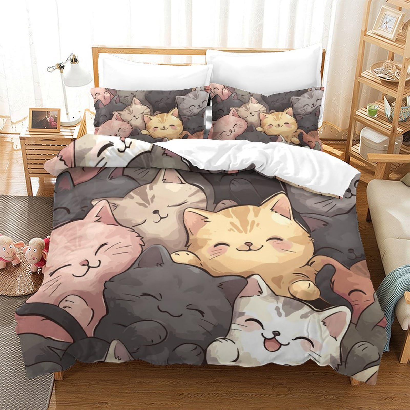 Parure de lit chat 3D 220x240 cm en microfibre avec 2 taies d'oreiller