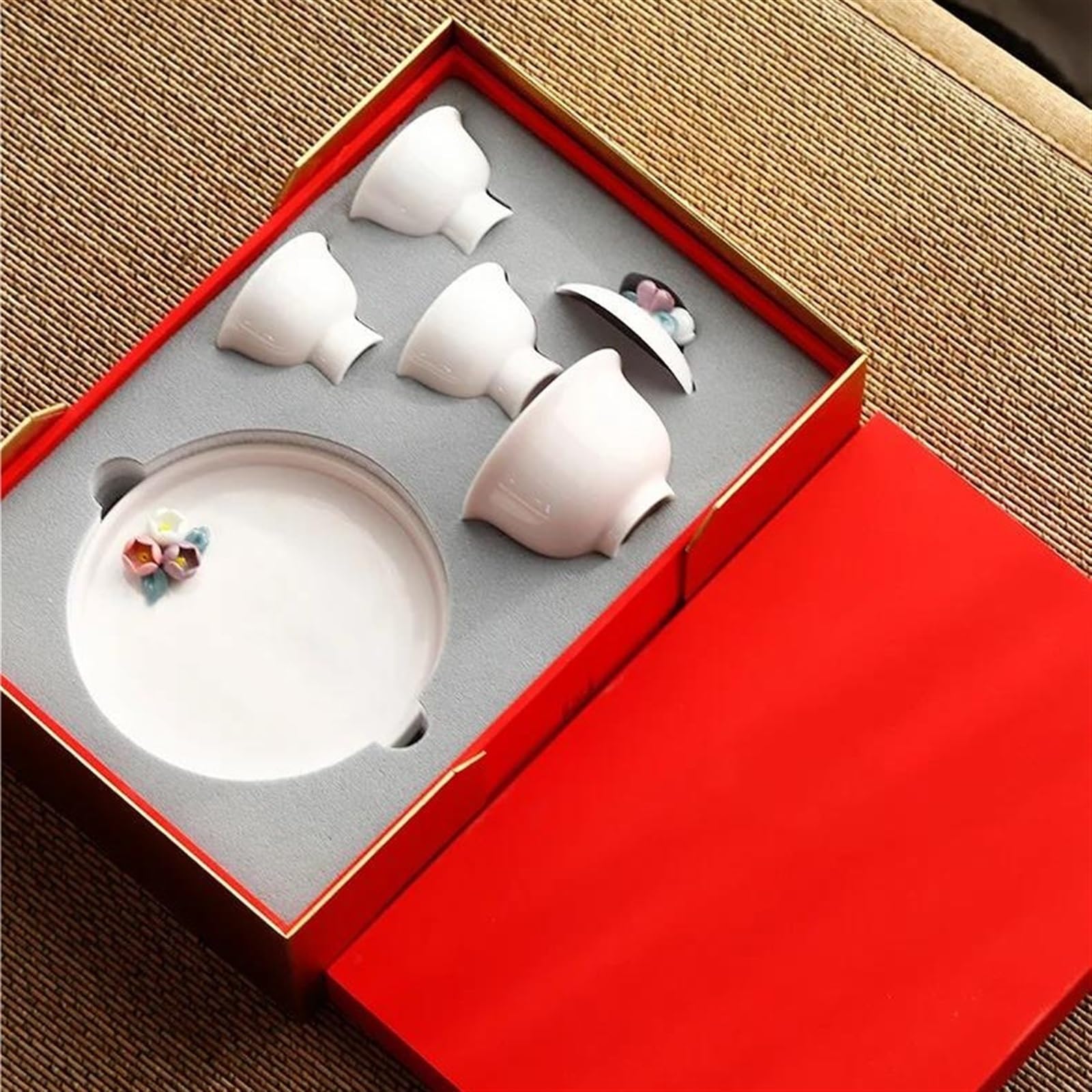 Teeservice, handgeknetete Blumen-Teetasse, Kung-Fu-Teeservice, Keramik-Teetassen-Set, Teegeschirr, Teeschale, rot, chinesisches Hochzeits-Teeservice, Reise-Teeservice, Teekann(720ml White)