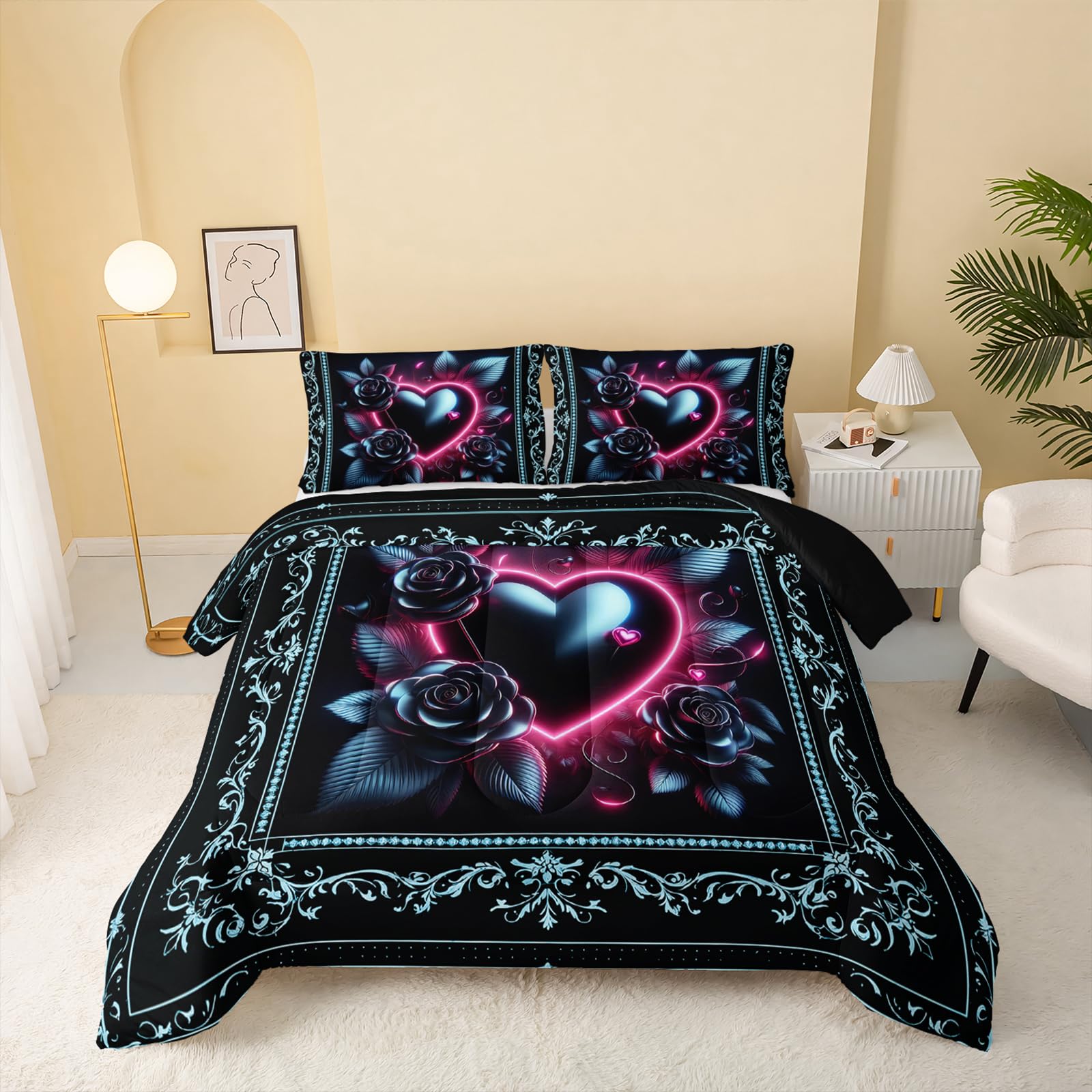 QOOMO Cartoon Heart Kids Comforter Set,Rose Print Bedding Set Twin Size for Boys Girls Room Decoration,Black Bed Set Microfiber Lightweight All Season,1 Comforter Set 2 Pillowcases