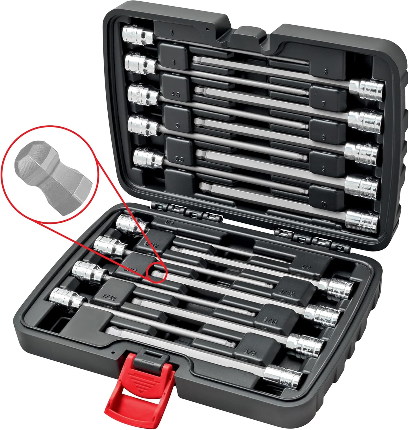 CARBYNE SAE Ball End Hex, Metric Ball End Hex & Torx Extra Long Hex Bit Socket Set - 25 Pieces, (1/8 inch to 3/8 inch SAE, 3mm to 10mm Metric, T-10 to T-40 Torx Sizes), 3/8" Dr., S2 Bits, CrV Skts