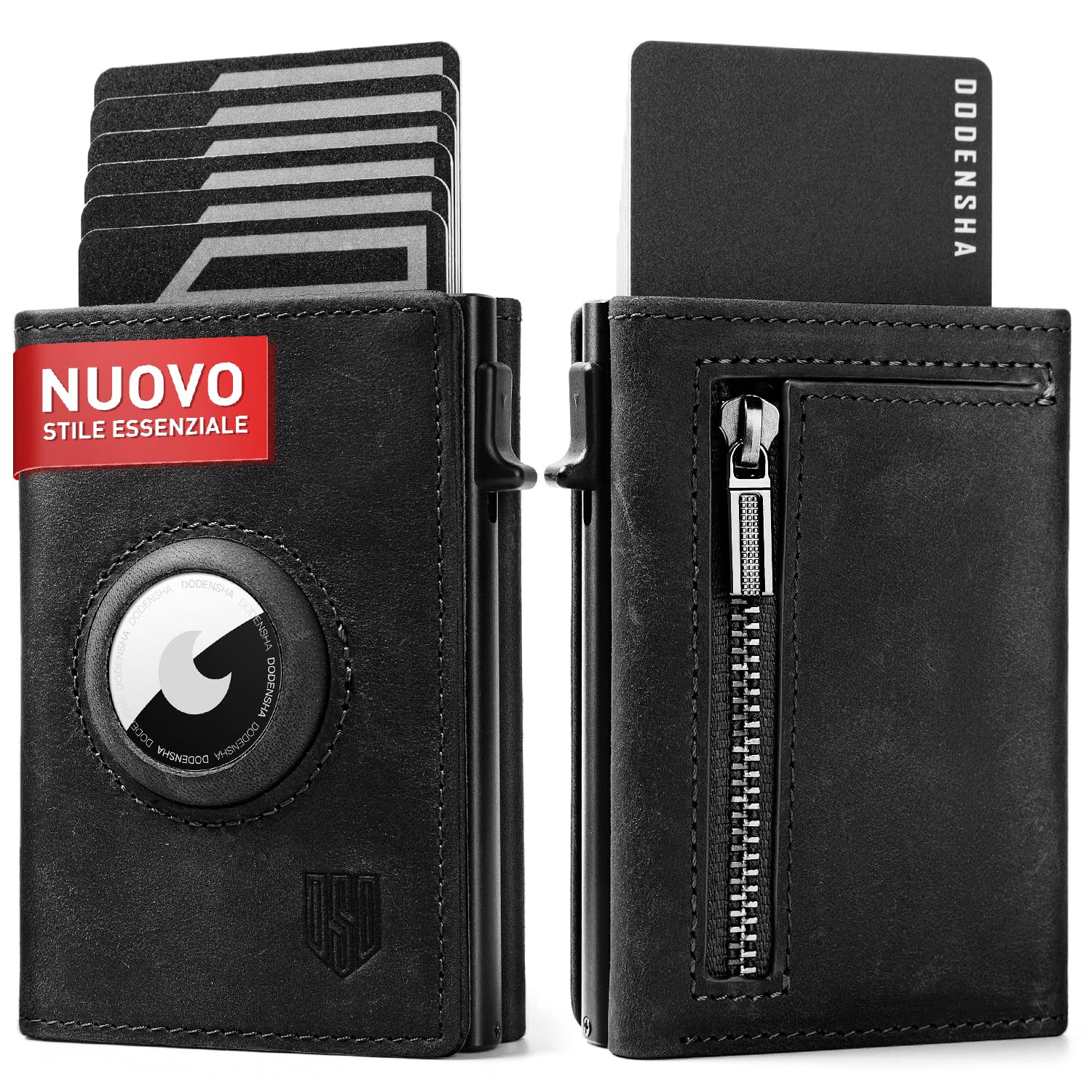 DODENSHA Portafoglio Airtag con Portamonete | Slim Portafoglio 10+ Carte | Protezione RFID | Porta Carte di Credito Uomo | Portafoglio Uomo Piccolo | Moero Portafoglio | Senza AIRTAG | Cavallino Nero