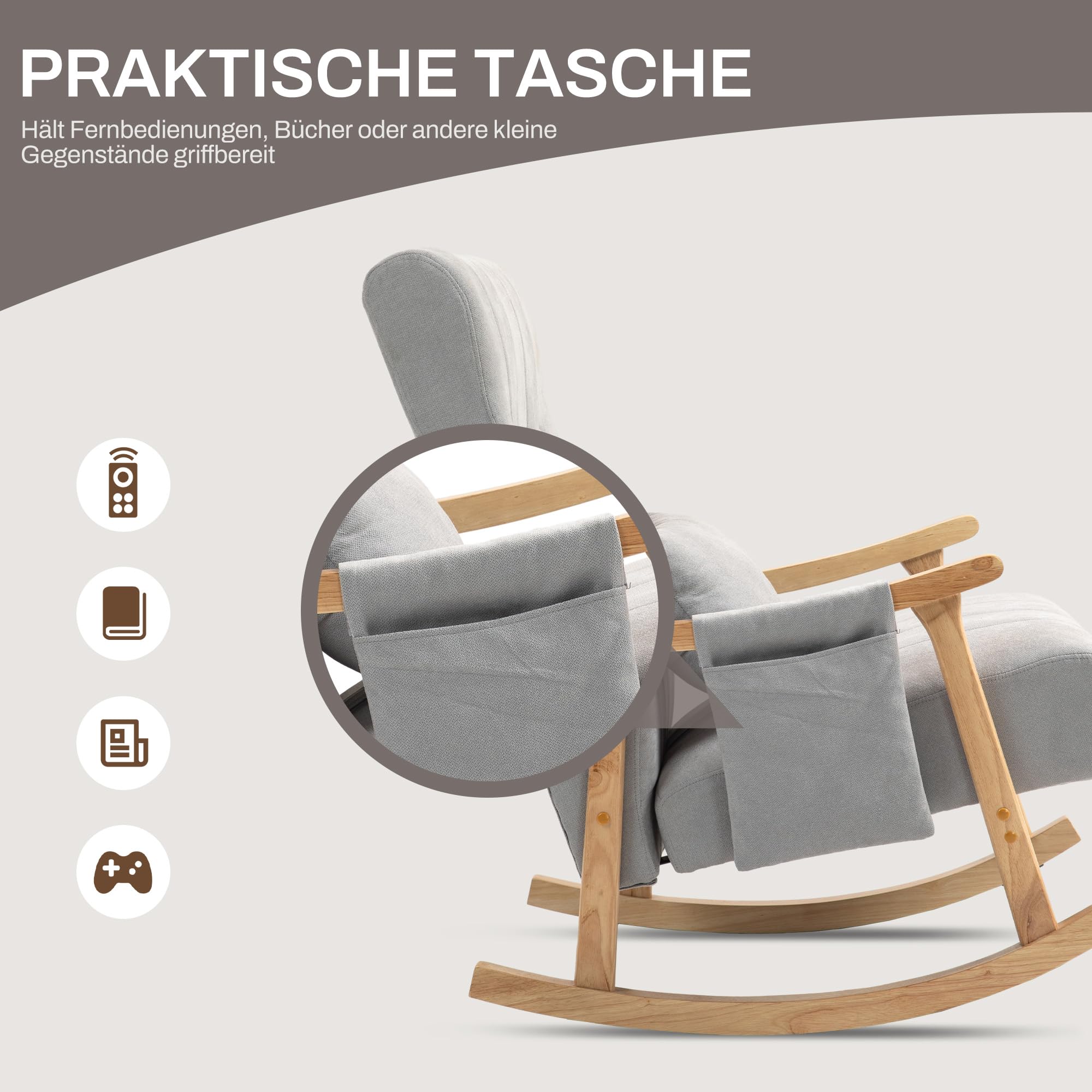 HOMCOM Schaukelstuhl Schaukelsessel mit Rückenlehne, Lendenkissen, Holzkufen, Sessel, Relaxsessel mit Leinenoptik Weich Schwingsessel Stillsessel für Wohnzimmer, Schlafzimmer Grau