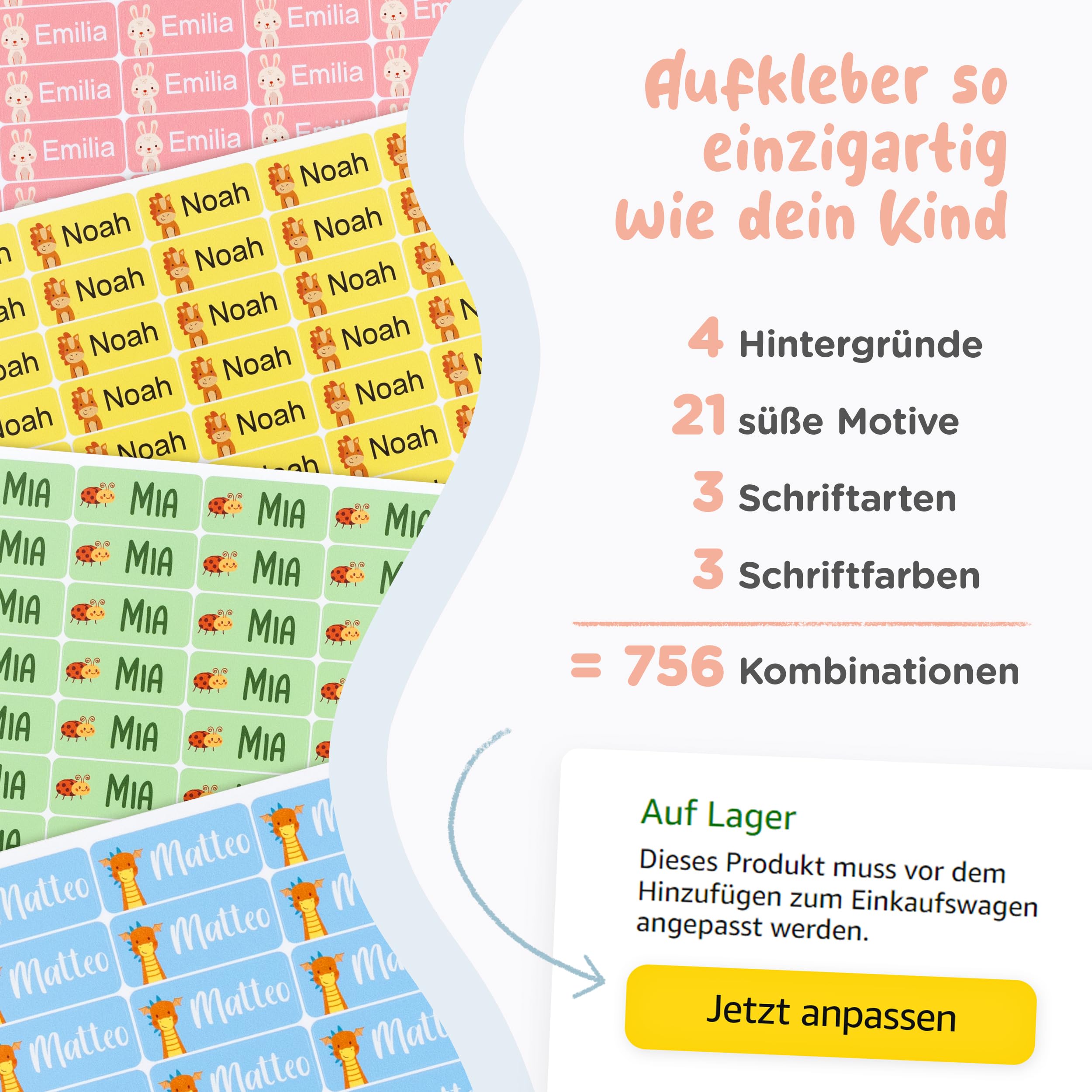 240 Stück Namensaufkleber für Kinder - Personalisierbare Namensschilder, Ideal für Kita, Schule und Kleidung, Made in Germany - Graublau