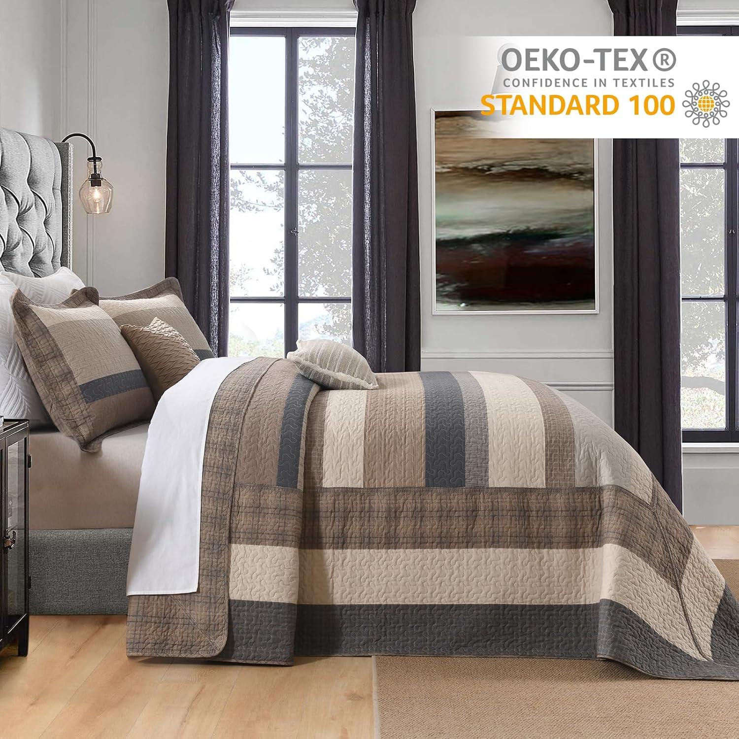 Finlonte 100% Cotton 102"x120" Oversized Queen Bedspread, Oversized Queen Quilted Bedspread Coverlet Extra Large Quilt Set, Stripe Farmhouse XL Bed Spread Lightweight Comforter, Charcoal/Beige, 3 pcs