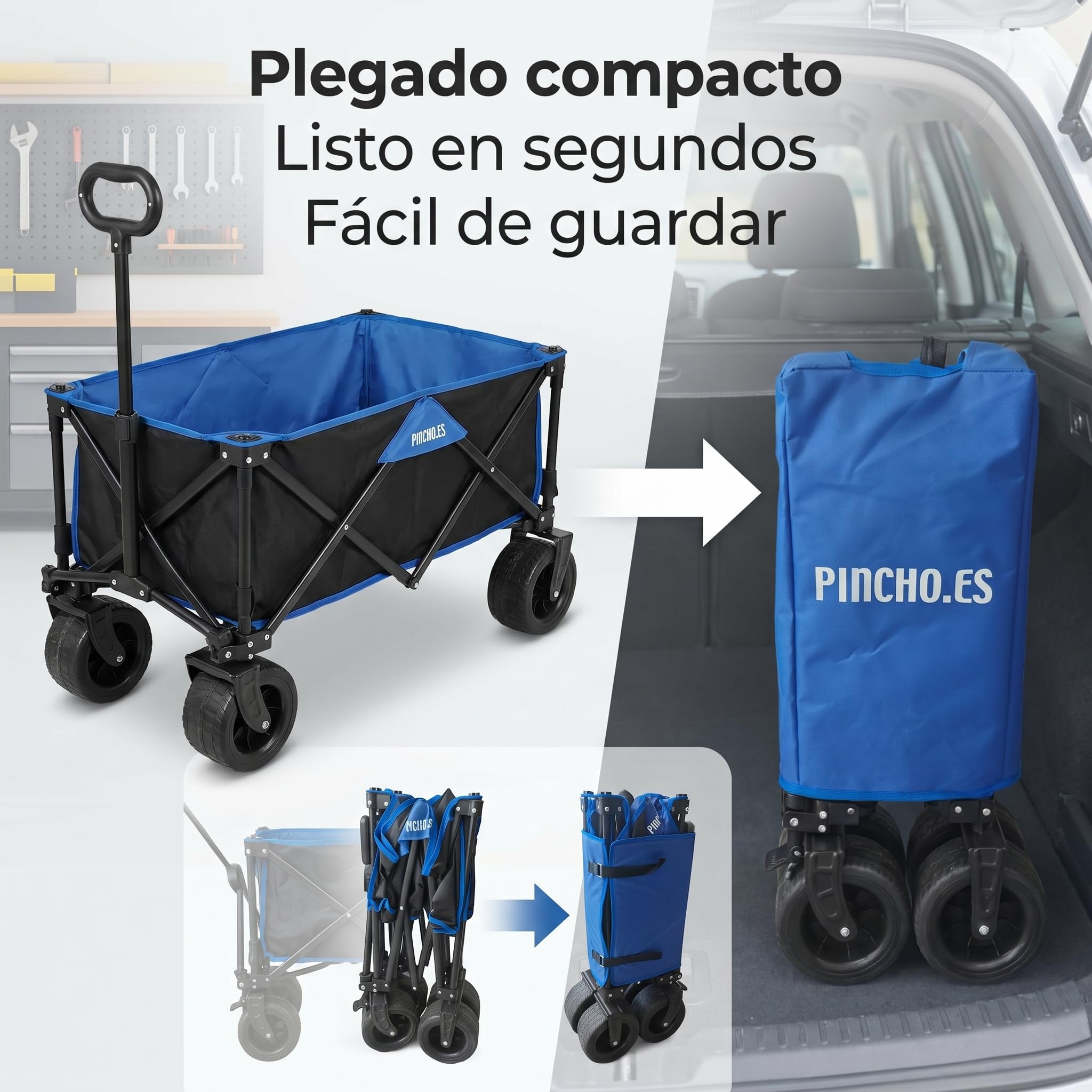 Carro Playa Plegable - PINCHO - Carrito De Playa Plegable, Carro Transporte Plegable con Asa Telescópica, Carretilla Plegable con Ruedas y Frenos - 4 Ruedas, Carga 55 kg, Plegado Compacto, Bolsillo
