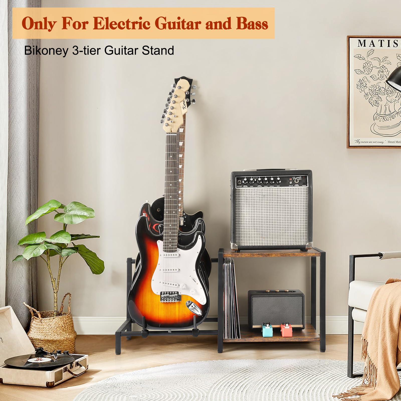 Bikoney Supporto per Chitarra a 3 Posti con Ripiano per Amplificatore, Supporto Regolabile per Chitarre Elettriche e Basso, Rack per più Chitarre e Accessori Musicali per Casa o Studio