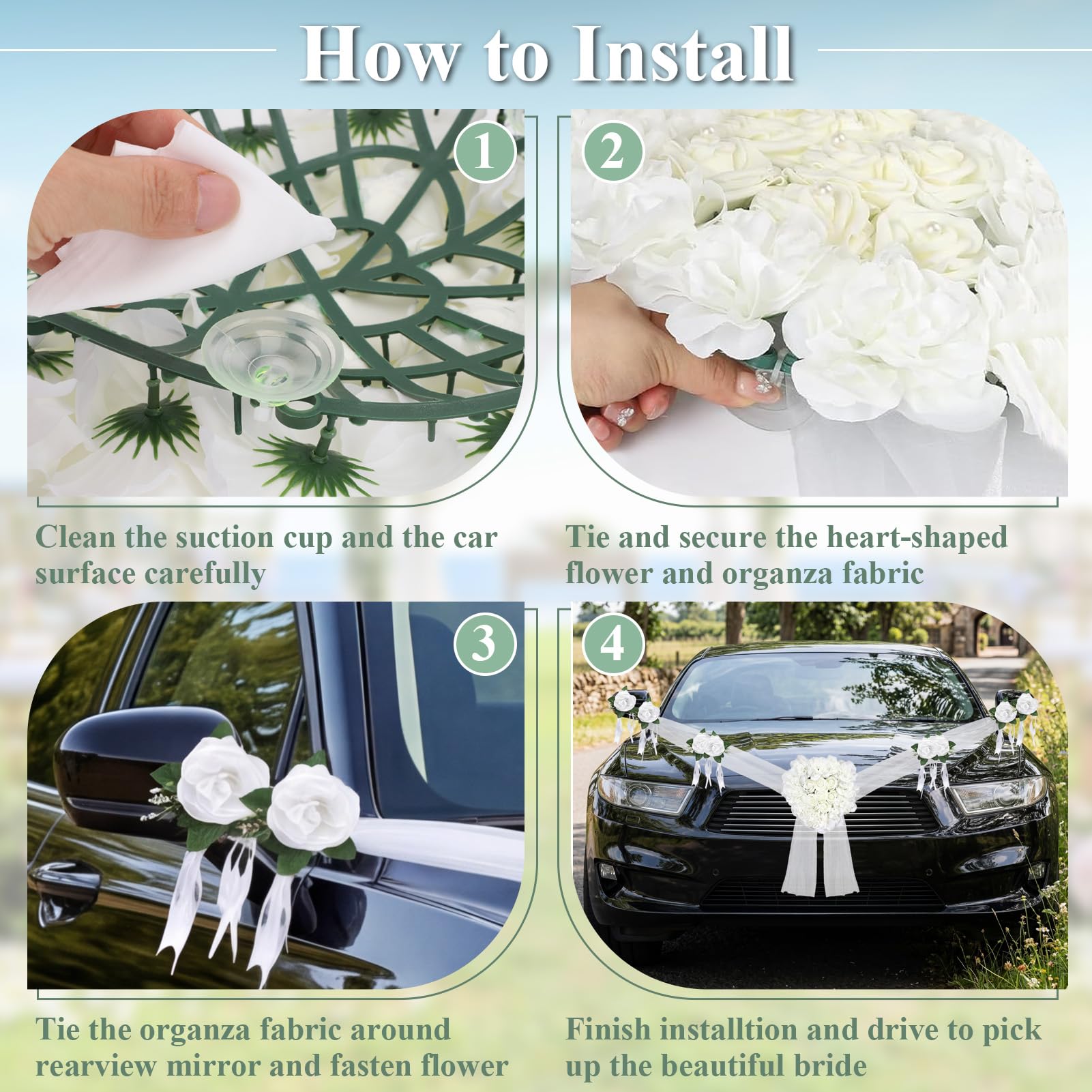 Yosoo Health Gear Décoration de Voiture de Mariage, Ensemble de Fleurs Artificielles, Guirlande de Ruban, Décoration pour Poignée de Porte de Capot (en Forme de Coeur)