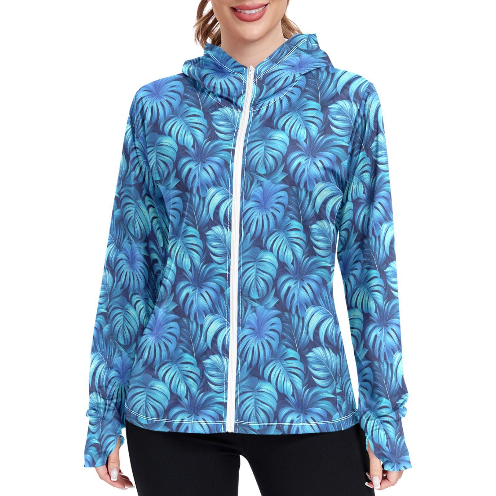 Women Sun Protection Lightweight Hoodie Jacket Teal Blue Tropical Zip Up Jackets for Women UPF 50 Clothing for Hiking Golf Running L