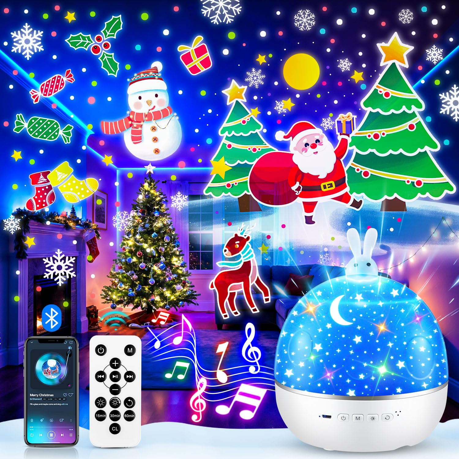 One Fire Proiettore Stelle Soffitto Bambini, 15 Films Luce Notturna Bambini, Bluetooth Musica 360° Lampada Proiettore Bambini, USB Ricaricabile Proiettore Soffitto Regalo Bambini Decorazioni Camera