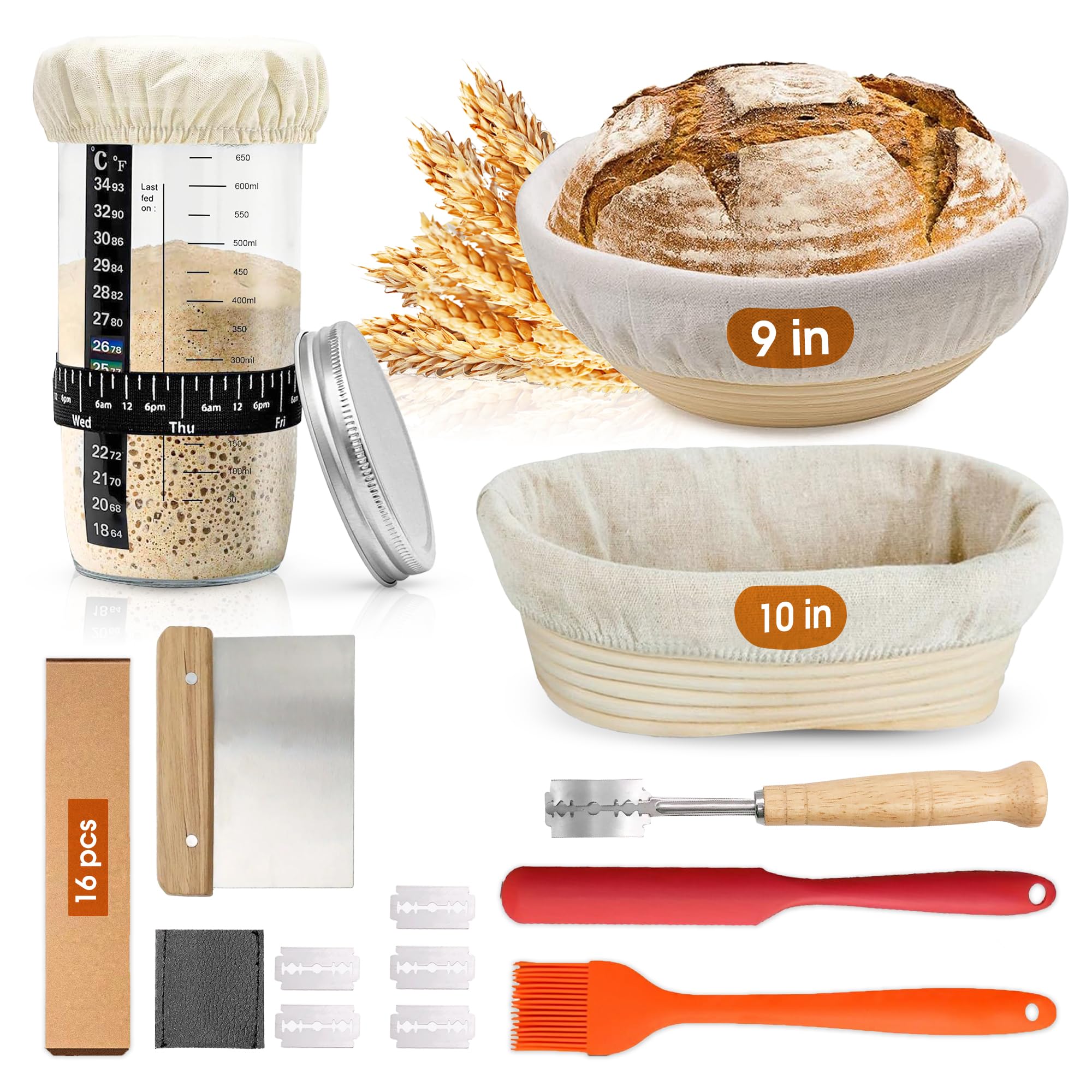 Sourdough Bread Baking Supplies 16 Pcs | Banneton Bread Proofing Basket Kit with Sourdough Starter Jar, 9
