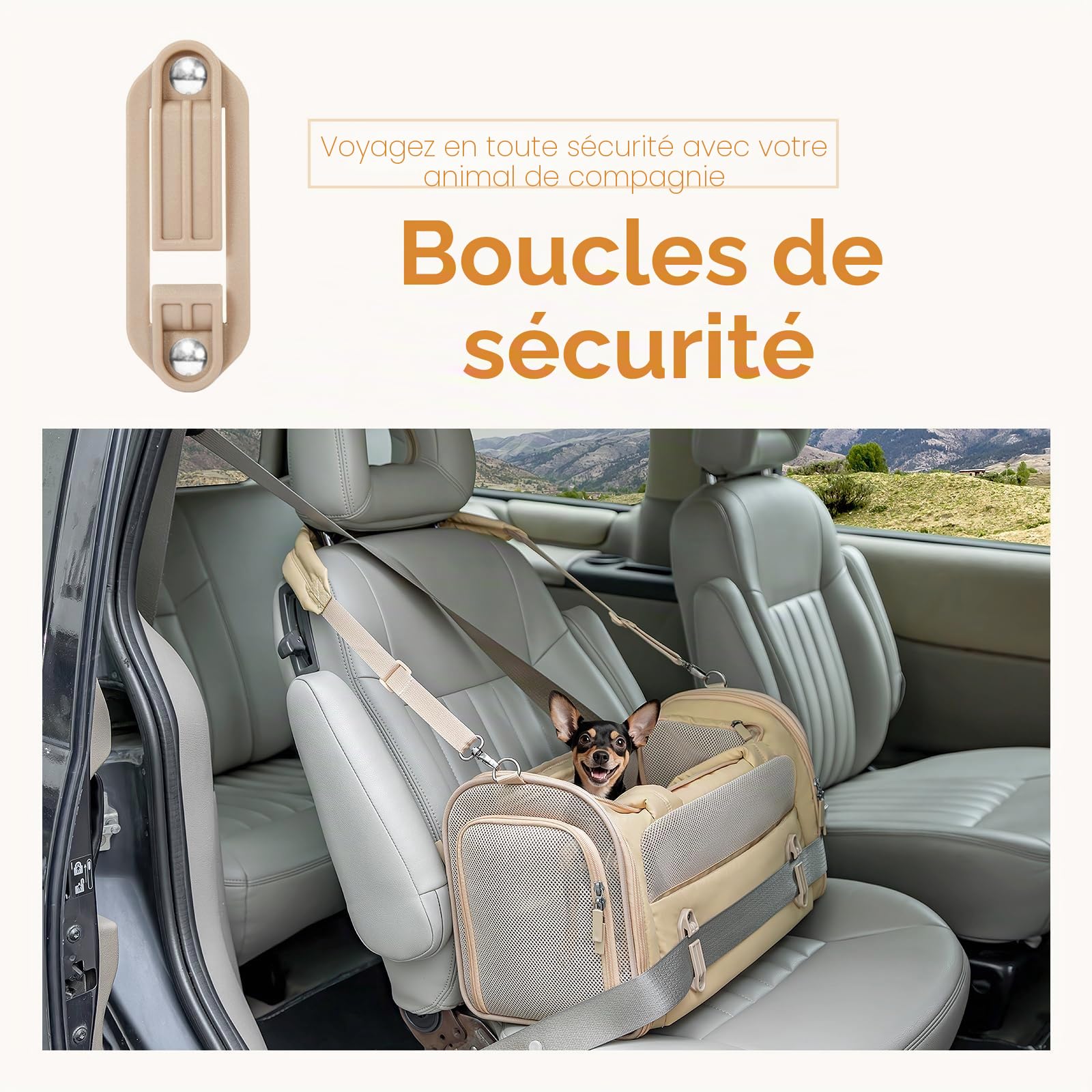 Sac de Transport Chat Petit Chien Avion Homologué avec Ceinture Auto, Coussin Anti-Poils, Lavable, Mesh Anti-Griffure, Pliable, Cuir Imperméable, Aéré, 3 Poches, Portable pour Voyage Train Véto