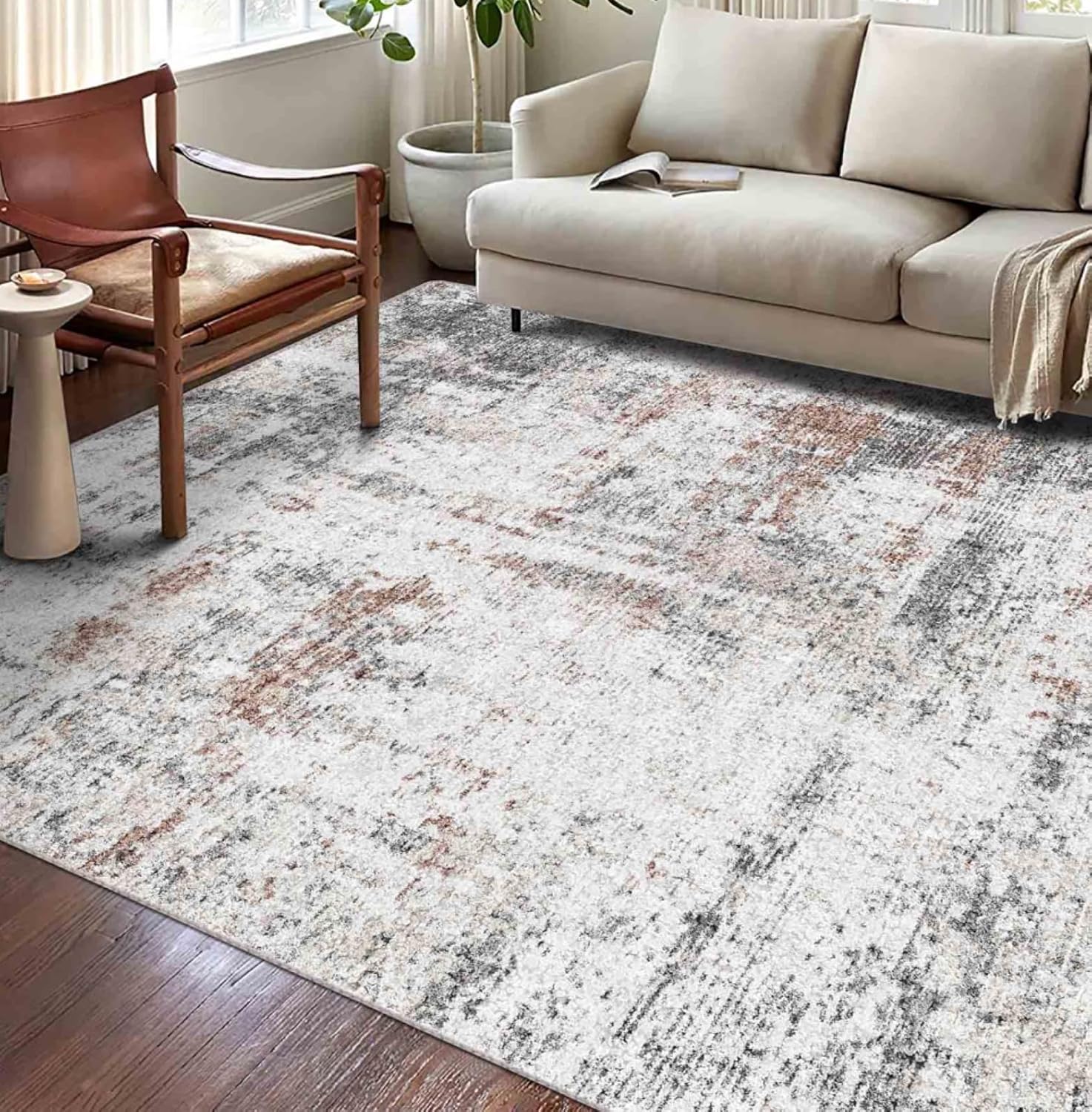 vivorug Washable Rug, Ultra Soft Area Rug 3x5, Non Slip Abstract Rug Foldable, Stain Resistant Rugs for Living Room Bedroom, Modern Fuzzy Rug (Rust, 3'x5') Abstract-rust 3'x5'