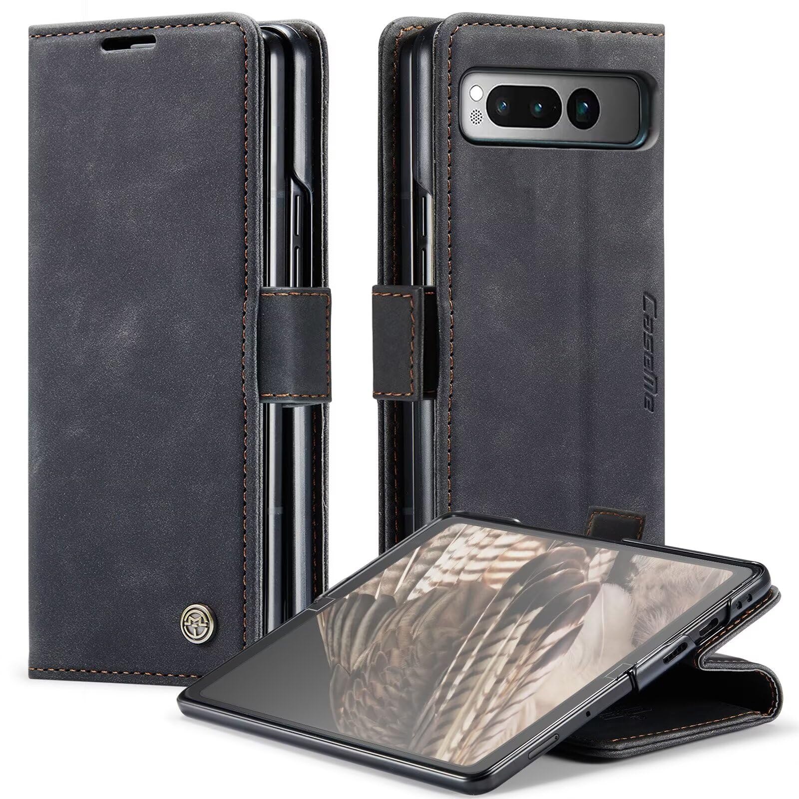 Real Leather Case For Google Pixel Fold Premium Wallet Case with [Kickstand] [Card Slots] [Magnetic Closure] Flip Notebook Cover Case for (Google Pixel Fold Black)