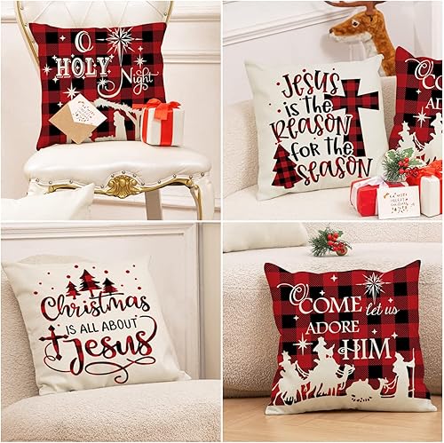 Miniatura 7 de AnyDesign Juego de 4 fundas de almohada navideñas de 18 x 18 pulgadas, diseño de cuadros de búfalo rojo y negro, funda decorativa para sofá y casa