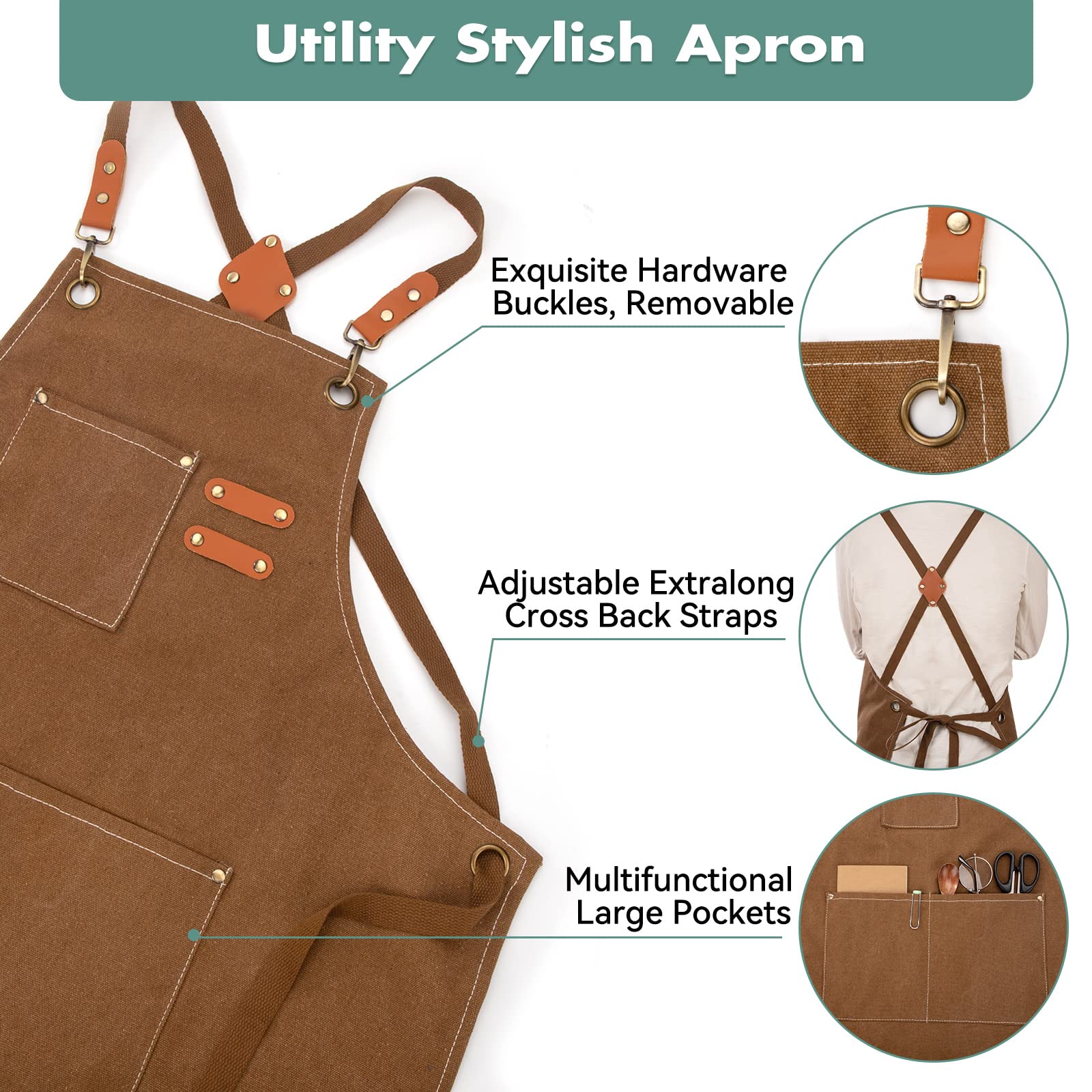 Chef Apron for Men Women, Cotton Canvas Cross Back Apron Water Resistant Adjustable Work Aprons with Pockets for Restaurant Coffee House Home Kitchen Gardening Brown - Image 2