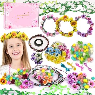 blueflamestore Flower Crowns Craft Kit, Make Your Own 12 PCs Flower Crowns Garland Handmade Arts and Crafts for Kids, DIY Fairy Flower Headbands and Bracelets, Hair Accessories Gift for Girls 6-14+