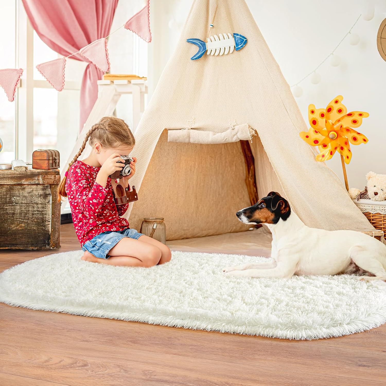 fluffy oval rug for bedroom 3.3x6.2, shag throw rugs for bedside, ultra soft cute plush carpet for girls boys room living room nursery dorm home decor, cream white 3.3' x 6.2' (oval) cream white
