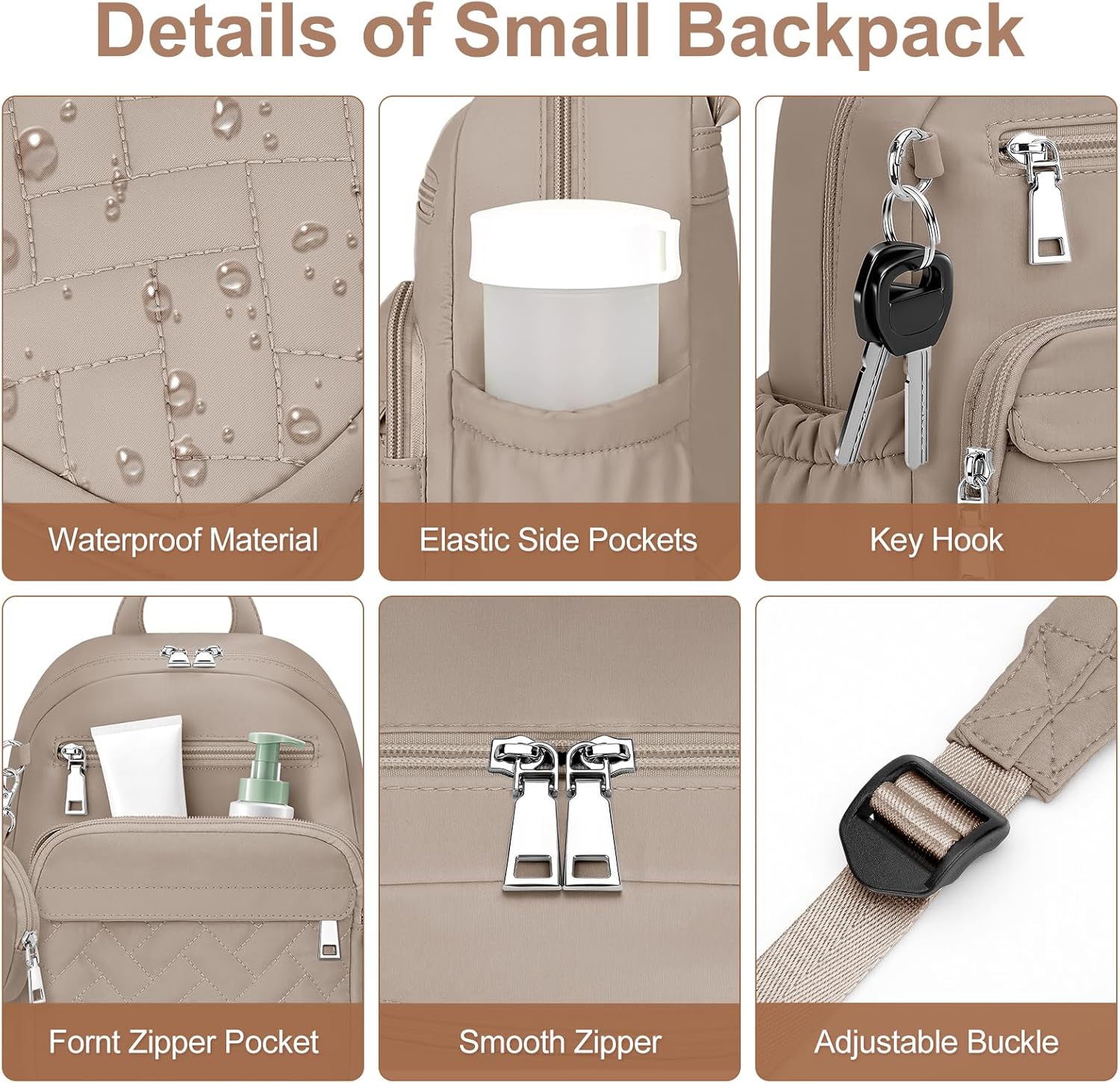 Mini Backpack for Women Small Backpack Purse, Anti Theft Backpack Waterproof Lightweight Puffer Back packs for Travel, Work with Coin Purse Khaki - Image 8