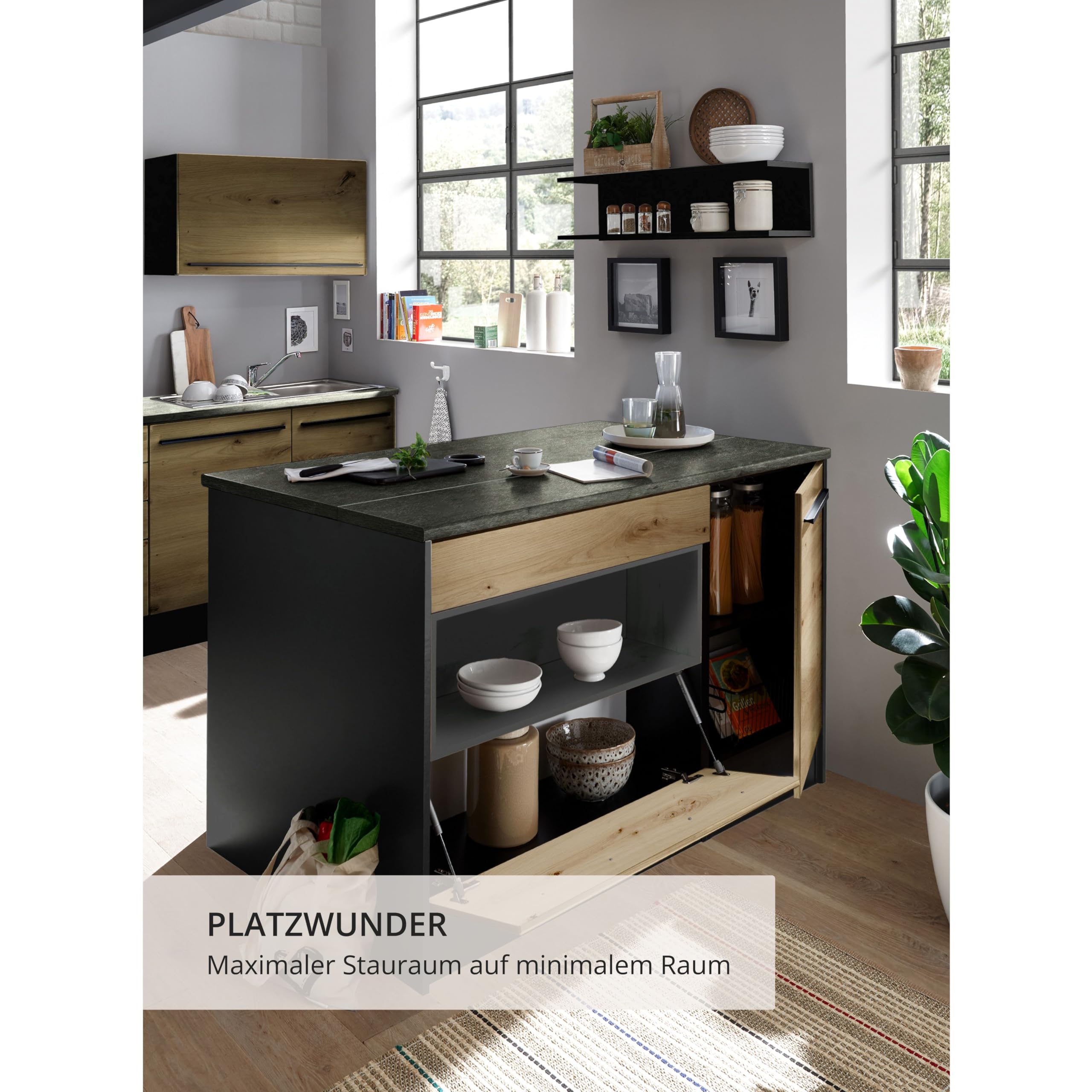 Stella Trading Jazz, Moderna con Piano di Lavoro, autoportante, Effetto, spaziosa Isola da Cucina con Molto Spazio, Legno ingegnerizzato, Antracite/Rovere Artisan, 145 x 90 x 90 cm