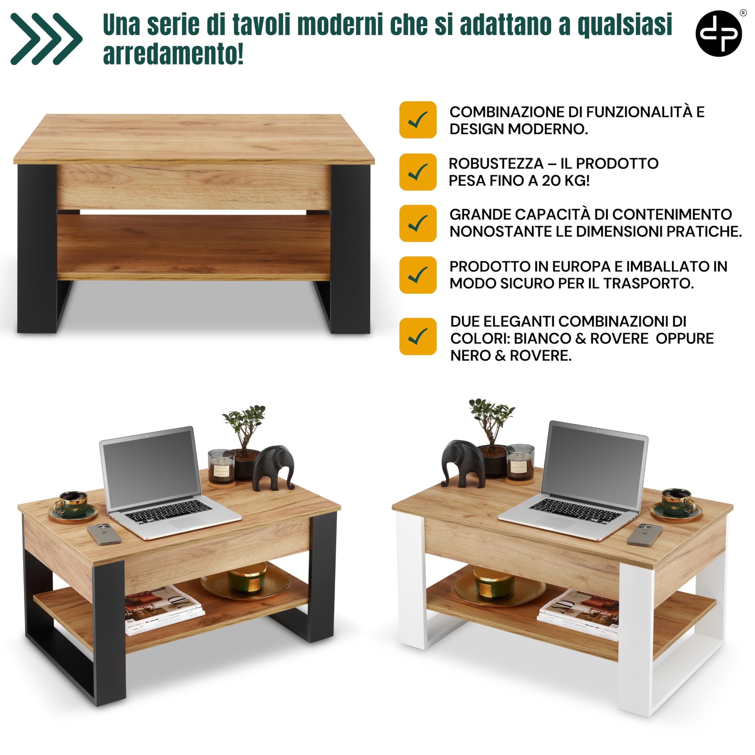 defiPad Tavolino Salotto Sollevabile con Contenitore - Tavolo da Caffè Regolabile in Altezza 45-61 cm - Prodotto nell'UE - Design Moderno Stile Industriale - Coffee Table