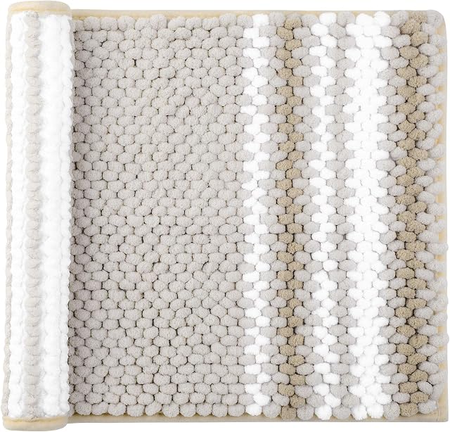 PiccoCasa Bath Mat for Inside Bath, Extra Soft Chenille Bathroom Mat, Absorbent Bath Mats for Bathroom and Floor Washable, Bone and White Bathroom Rug 43 x 61cm