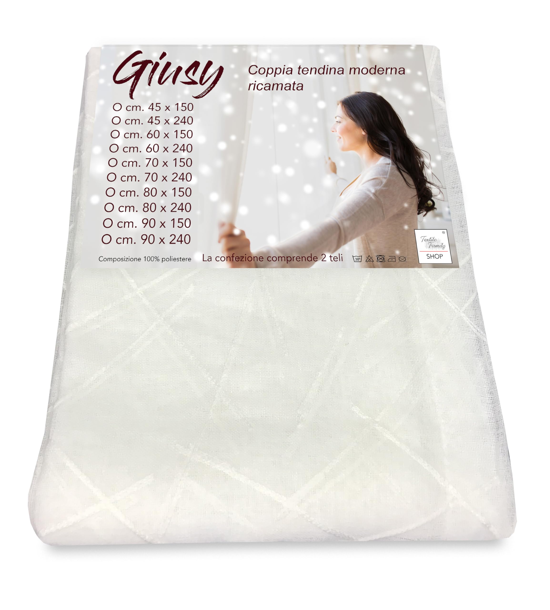 Tex family Tendina Giusy Bianco - Coppia Tende Vetro Moderne Semitrasparenti Effetto Bouclè in Poliestere - COPPIA (2 TELI) CM. 70X240