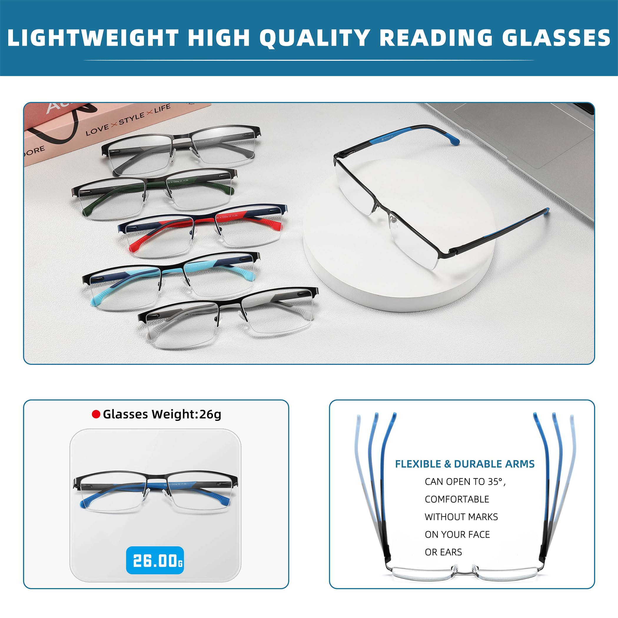 MODFANS Un Pack de 3 Gafas de Lectura Hombres Mujeres Anti Luz Azul,Rectangular Metal Acero Inoxidable - Lente Clara,Vision Clara - Ligeras Comodas,Colores Mezclados
