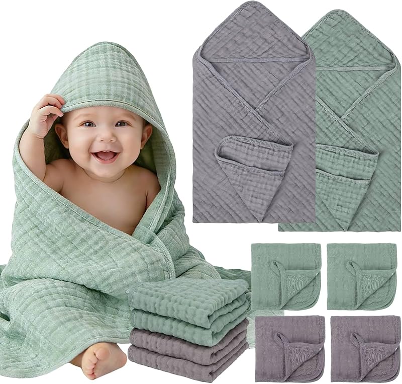 Juego de 6 toallas de baño de muselina con capucha para bebé, paquete de 2 toallas de bebé 100% algodón y paquete de 4 paños de muselina, toallas de bebé de 32 x 32 pulgadas, algodón para bebés, bebés, niños pequeños, 100% algodón, artículos esenciales para el baño