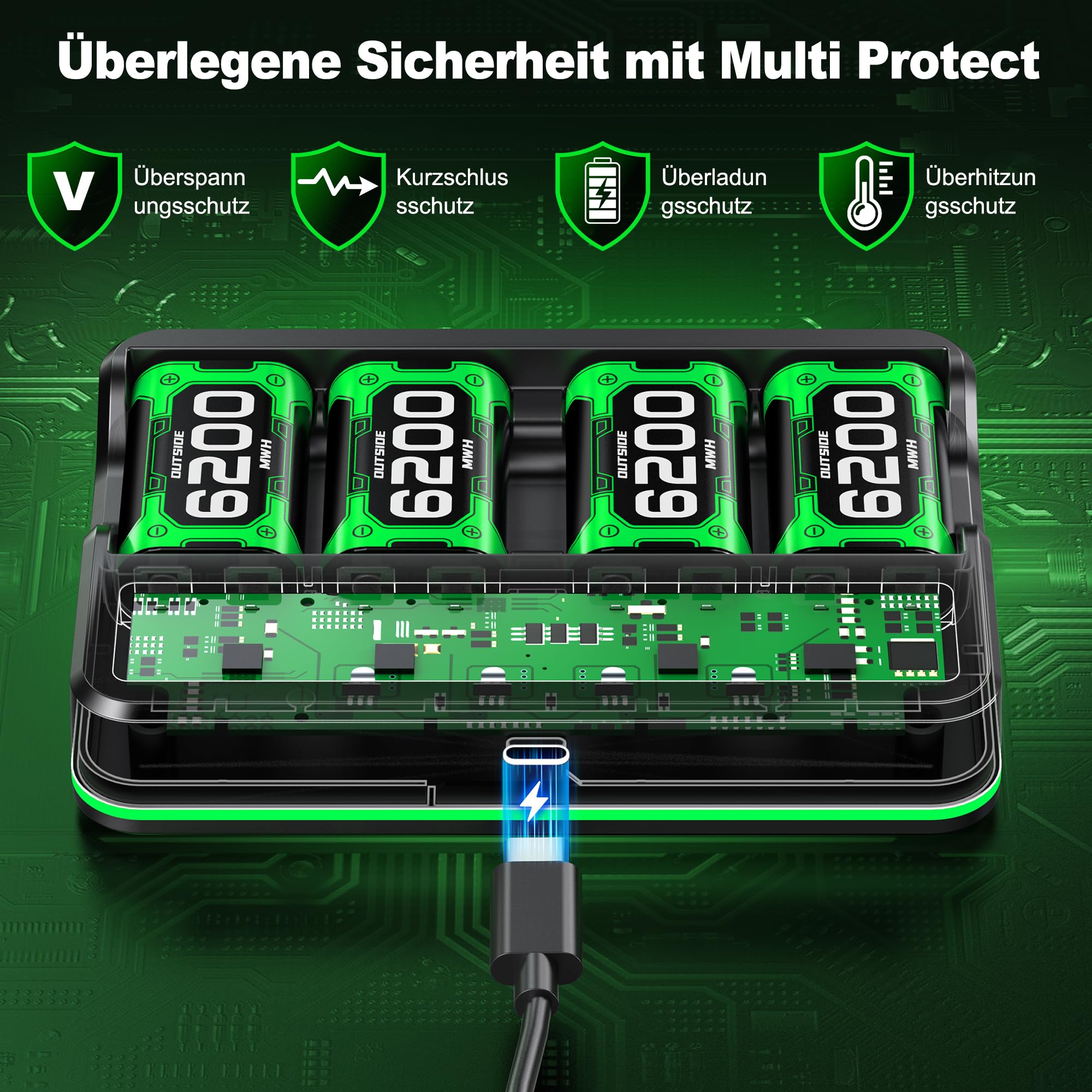 Batteria per controller Xbox One/Series X&S 4 batterie Xbox da 6200 mWh compatibili con Xbox One/Xbox Series X|S/Elite Controller, accessori per batteria Xbox con cavo di ricarica da 1 metro, ricarica