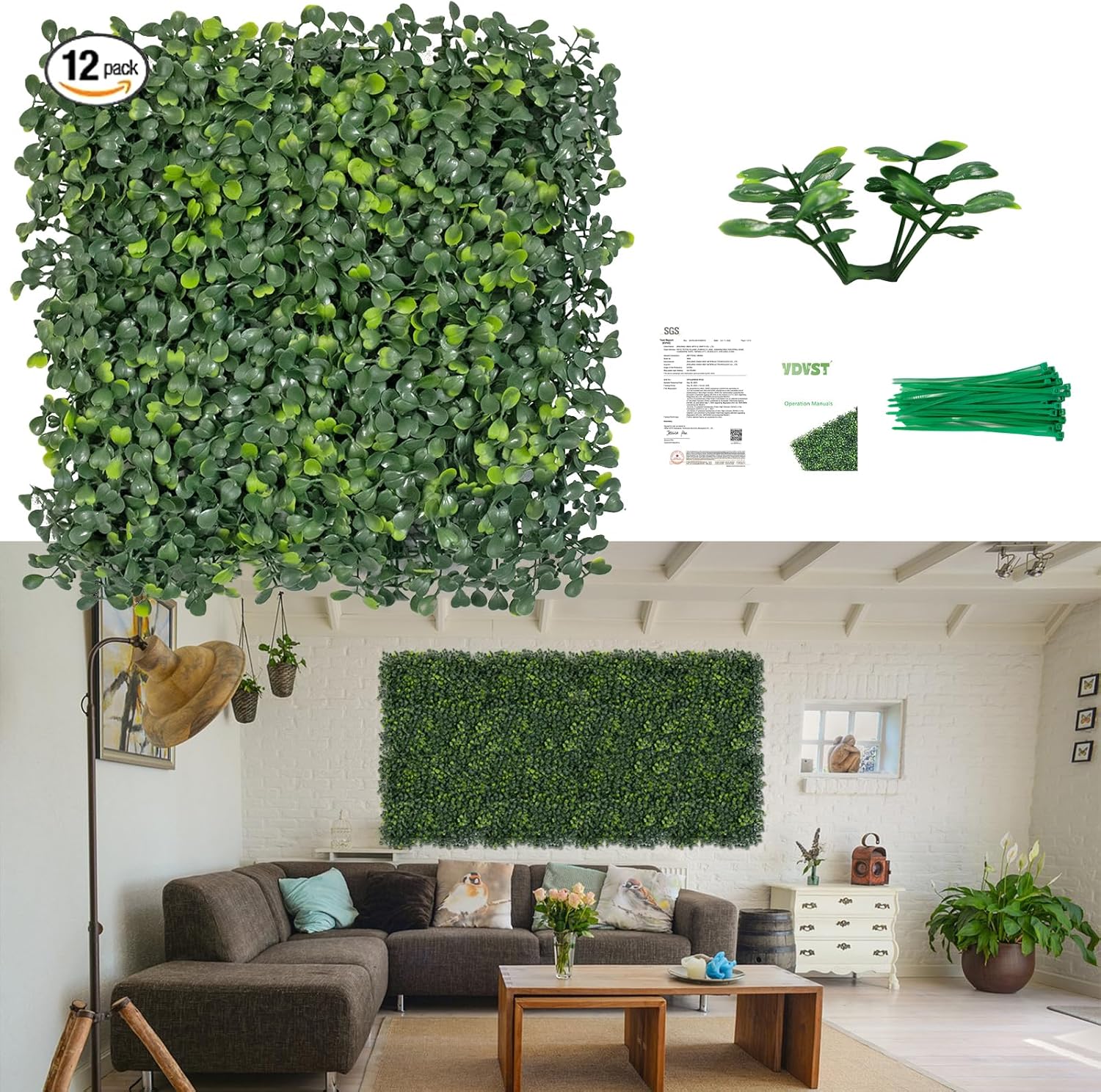 Grass Wall Panels 12 PCS 10"x 10" Artificial Boxwood Panels with 50 Zip Ties, Fake Greenery Backdrop Wall Grass Backdrop Artificial Plant Walls for Outdoor Indoor Garden Fence Backyard and Decor