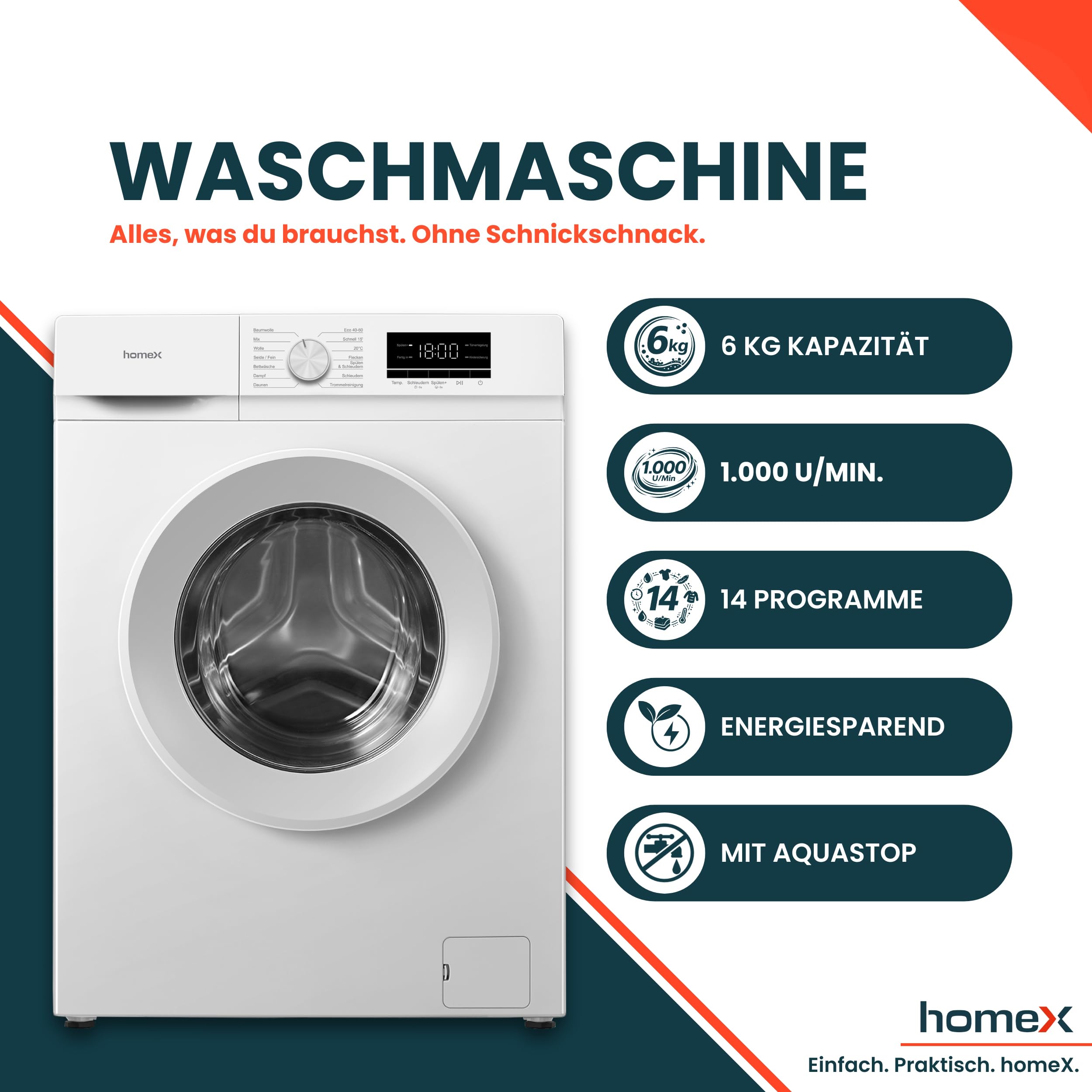 homeX Waschmaschine 6kg Frontlader 1000 U/Min Energieklasse A AquaStop Inverter Motor 14 Programme 74 dB 39 cm Tiefe 90°C weiß WF610K1A-W