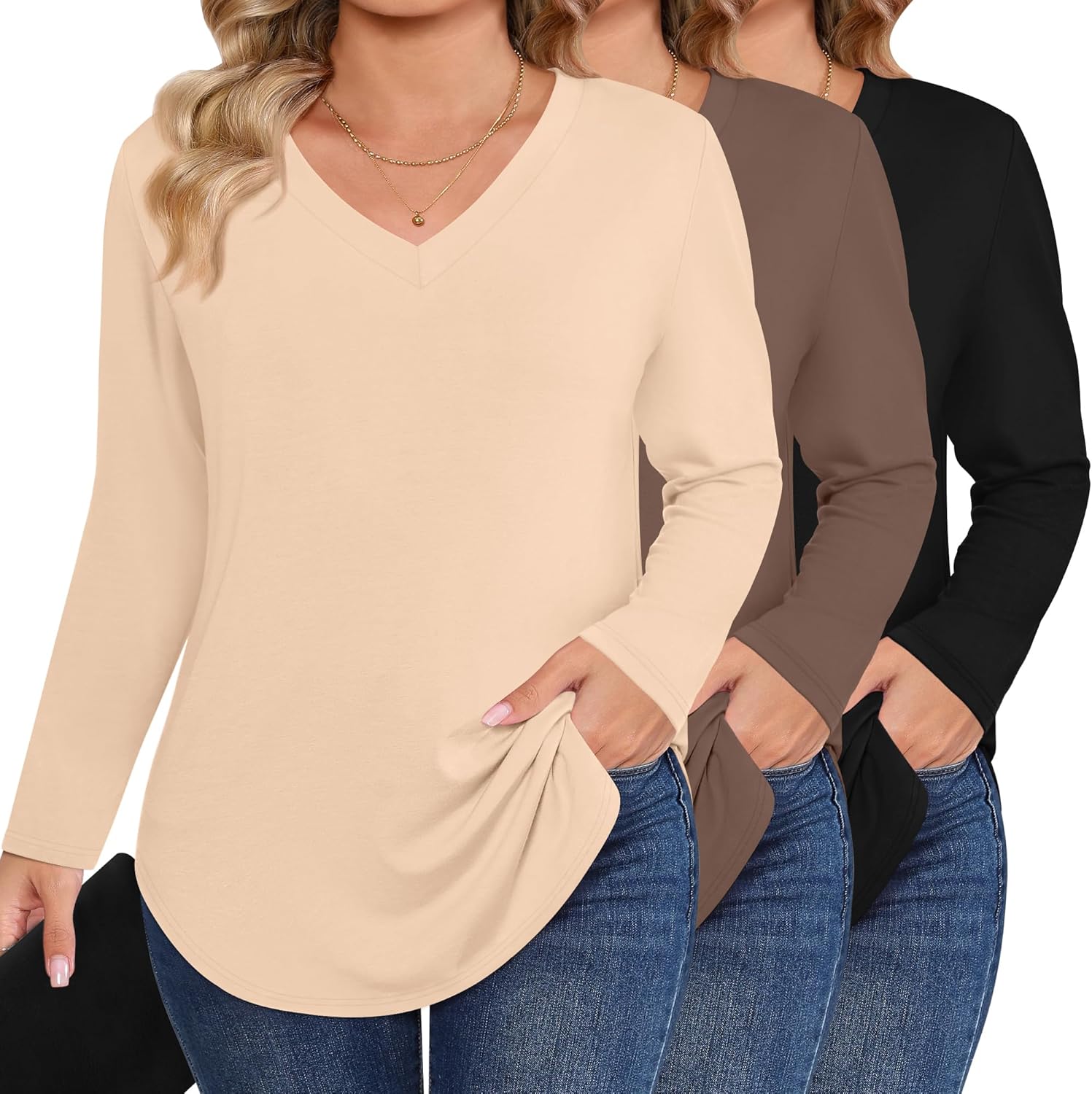 Ficerd 3 Pack Women's Plus Size T-Shirts, V Neck Long Sleeve Blouse Shirts Loose Fit Curved Hem Tees Casual Swing Tunic Tops