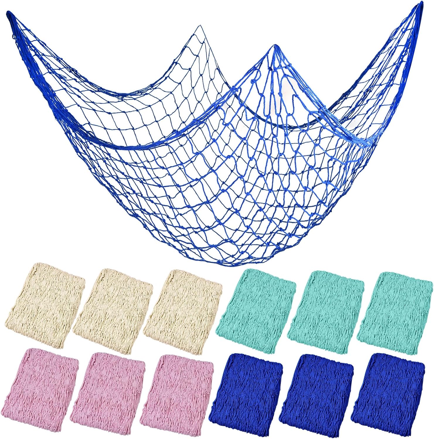 12 Pieces Natural Fish Net Decoration 80" x 40", Wall Hanging Cotton Fishnet Decor for Underwater, Mermaid, Pirate, Hawaiian, Nautical Ocean Theme Beach Bash Party Decoration (Beige, Blue, Pink, Aqua)